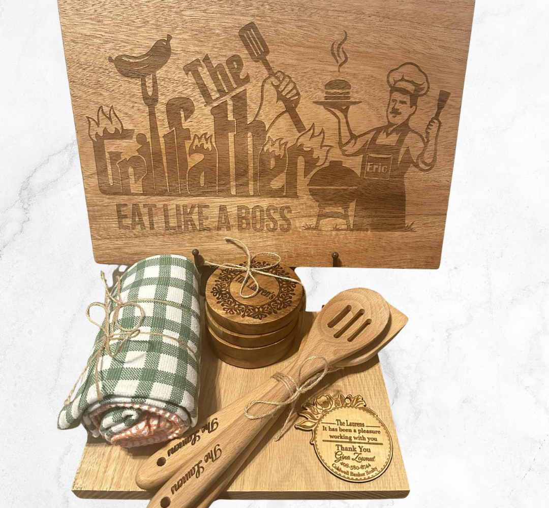 Personalized Engraved Kitchen Gift Set – Custom Cutting Board, Utensils & Coasters | Realtor Closing Gift, Housewarming, or Family Keepsake