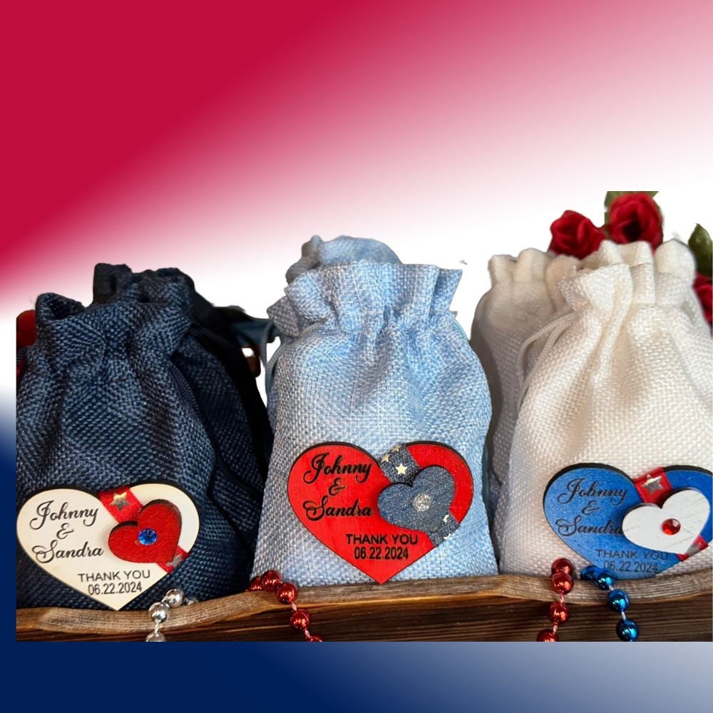 3 bag American Wedding Favors Sachets. Denim Red, White & Blue party keepsakes Burlap bags. Independence day 4th of July celebration sachets