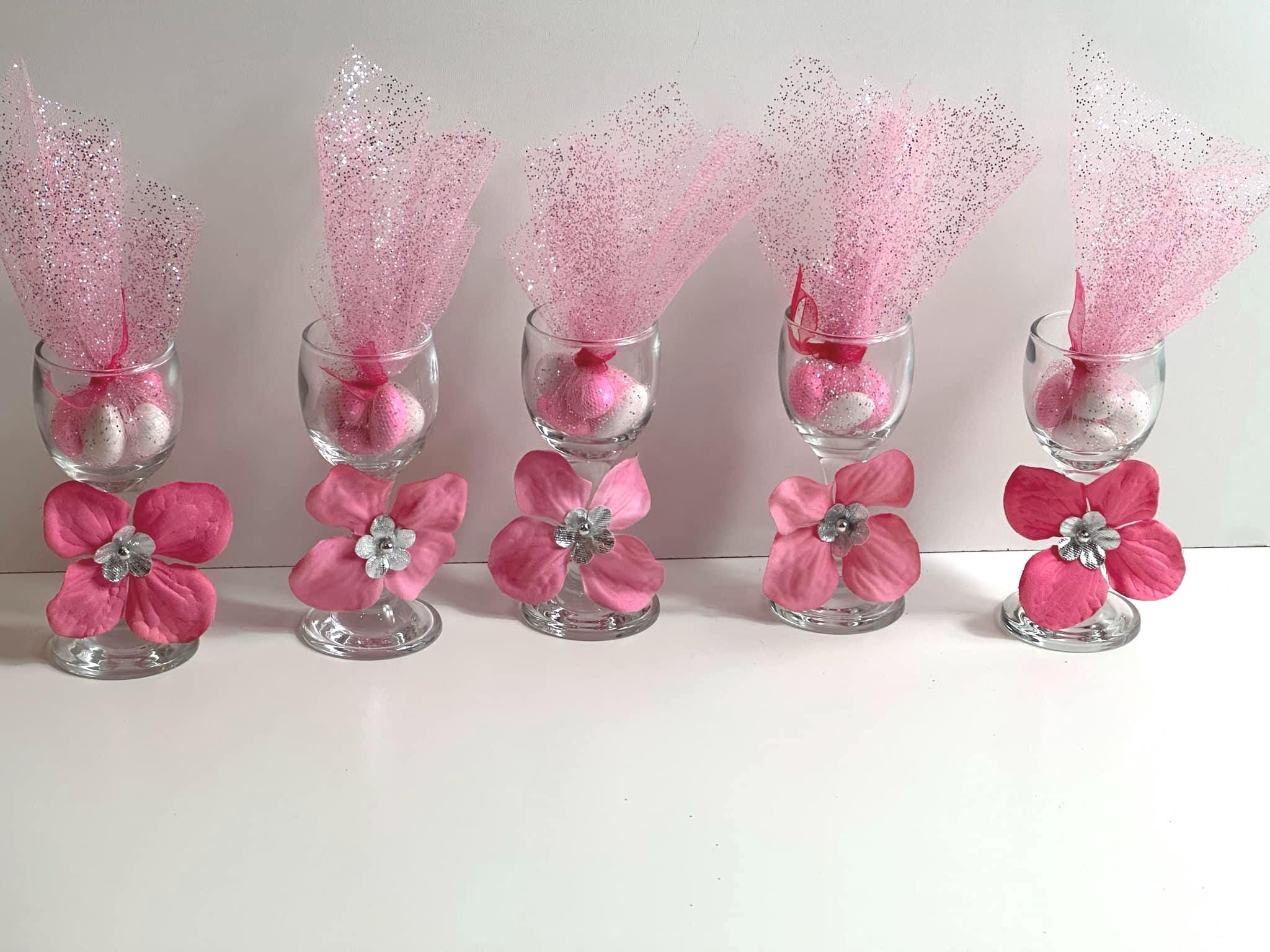 Decorated wine glasses with Candy favors ,fuchsia party Favors, Quinceanera wine glasses, mini wine glasses with hot pink and silver flowers