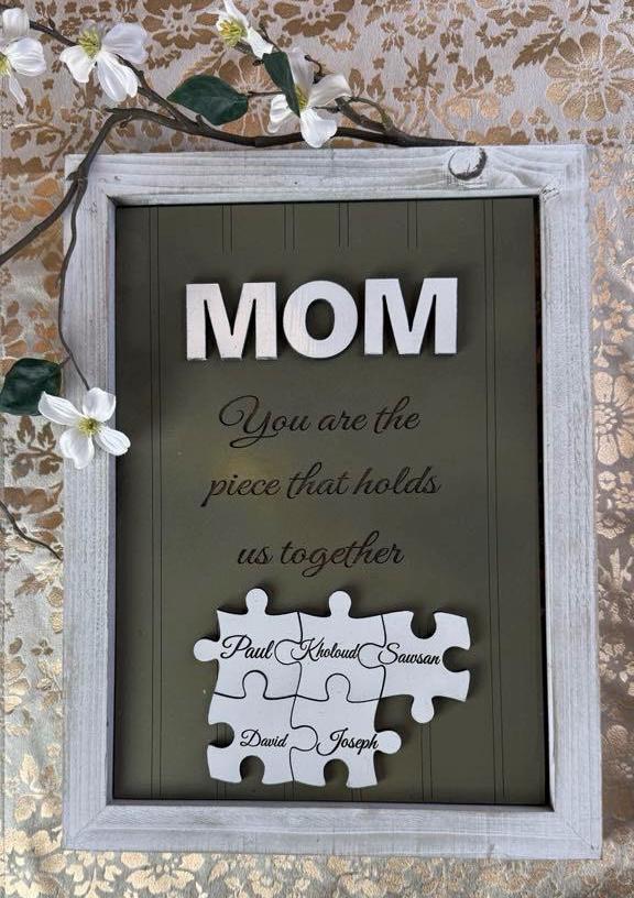 Mom Puzzle Sign Mother's Day Gift from Kids Husband Custom Engraved Wood Sign Piece That Holds Us Together Grandma Gift Personalized Unique