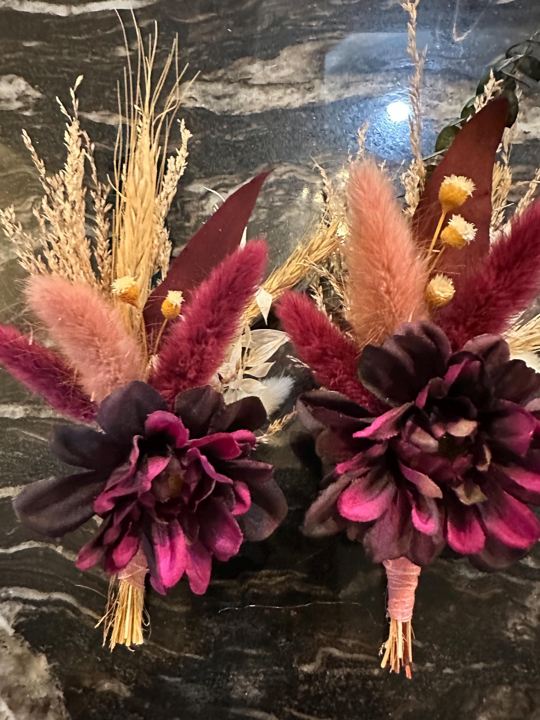 Boho Groom Boutonniere with Dried and Silk Flowers - Rustic Dried Flowers and Wheat and Pampas pin for men - Burgundy Groomsmen Boutonniere