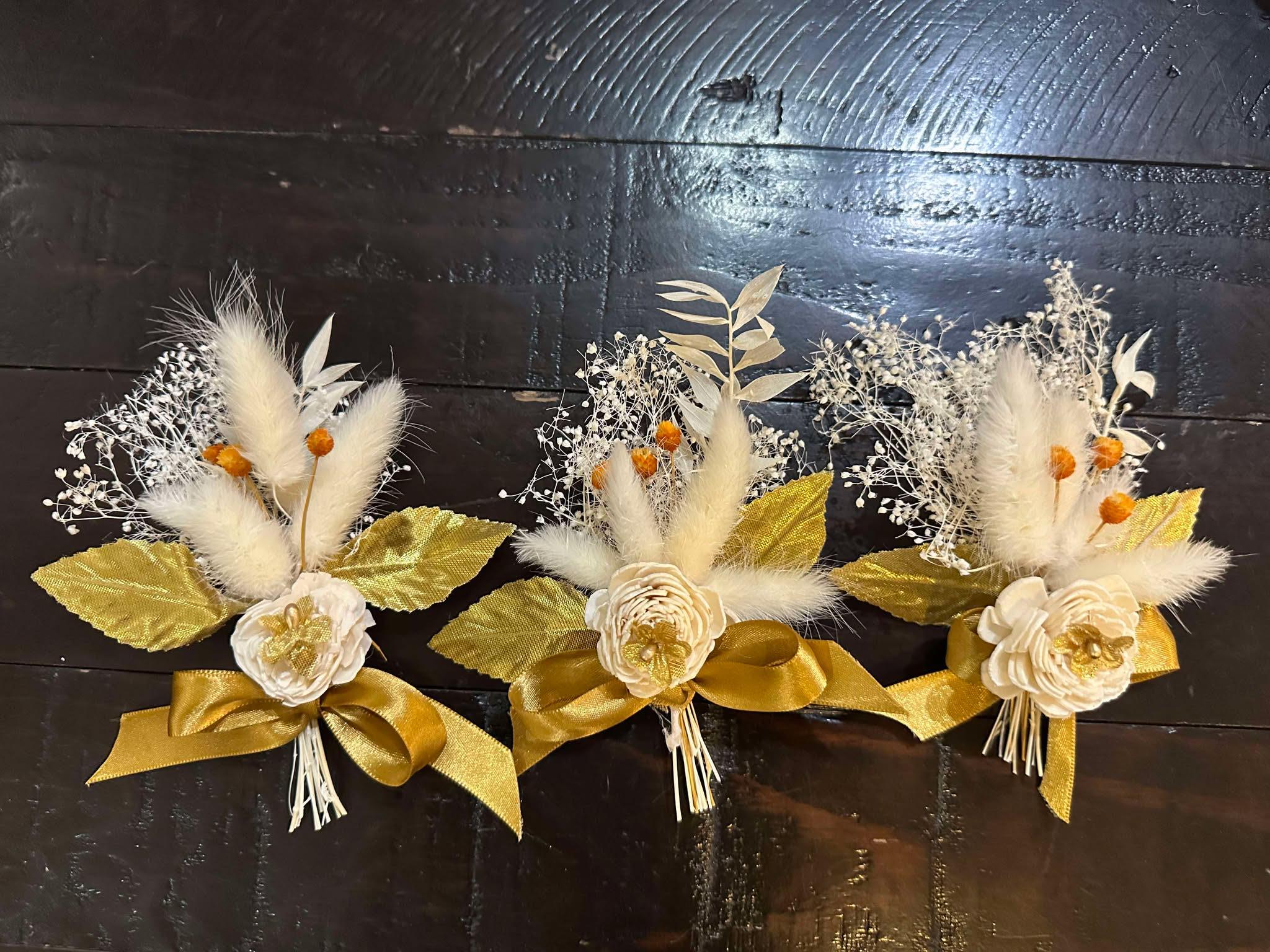 Gold Groom Boutonniere with Dried Flowers, leaves, Pampas and Satin Ribbon - Pin for men -Orange and Gold Groomsmen Buttonhole -Boho Corsage