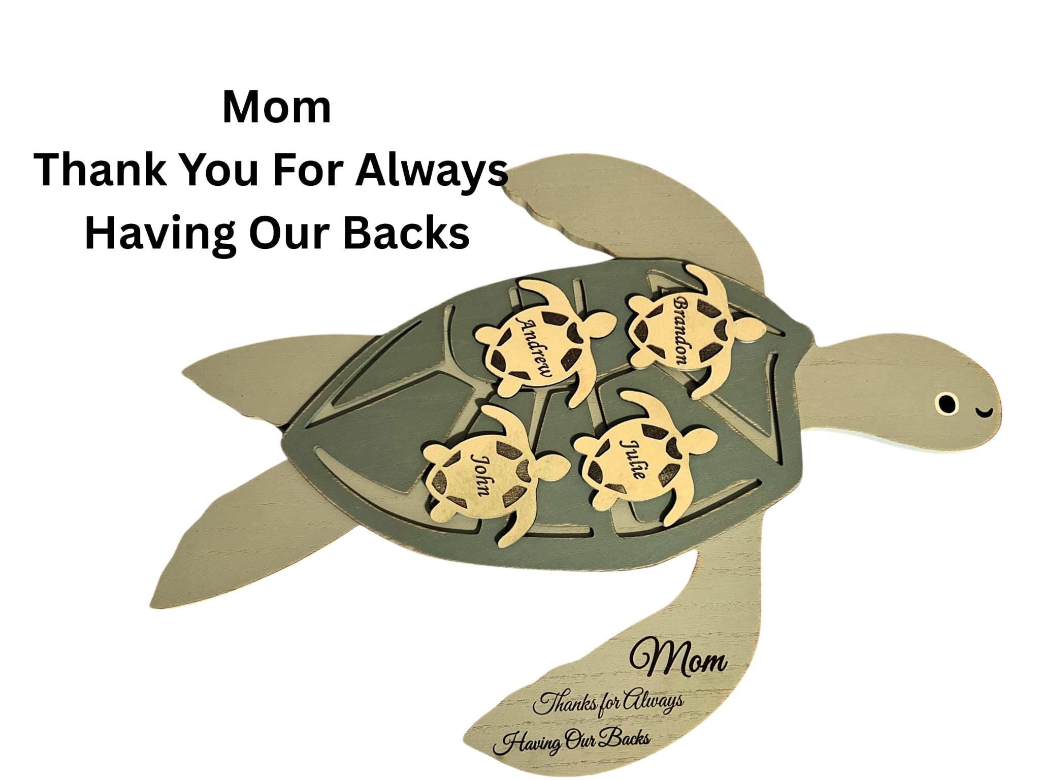 personalized sea turtle wood sign, gift for mom/grandma, thanks for always having our back, custom family name sign, engrave turtle plaque