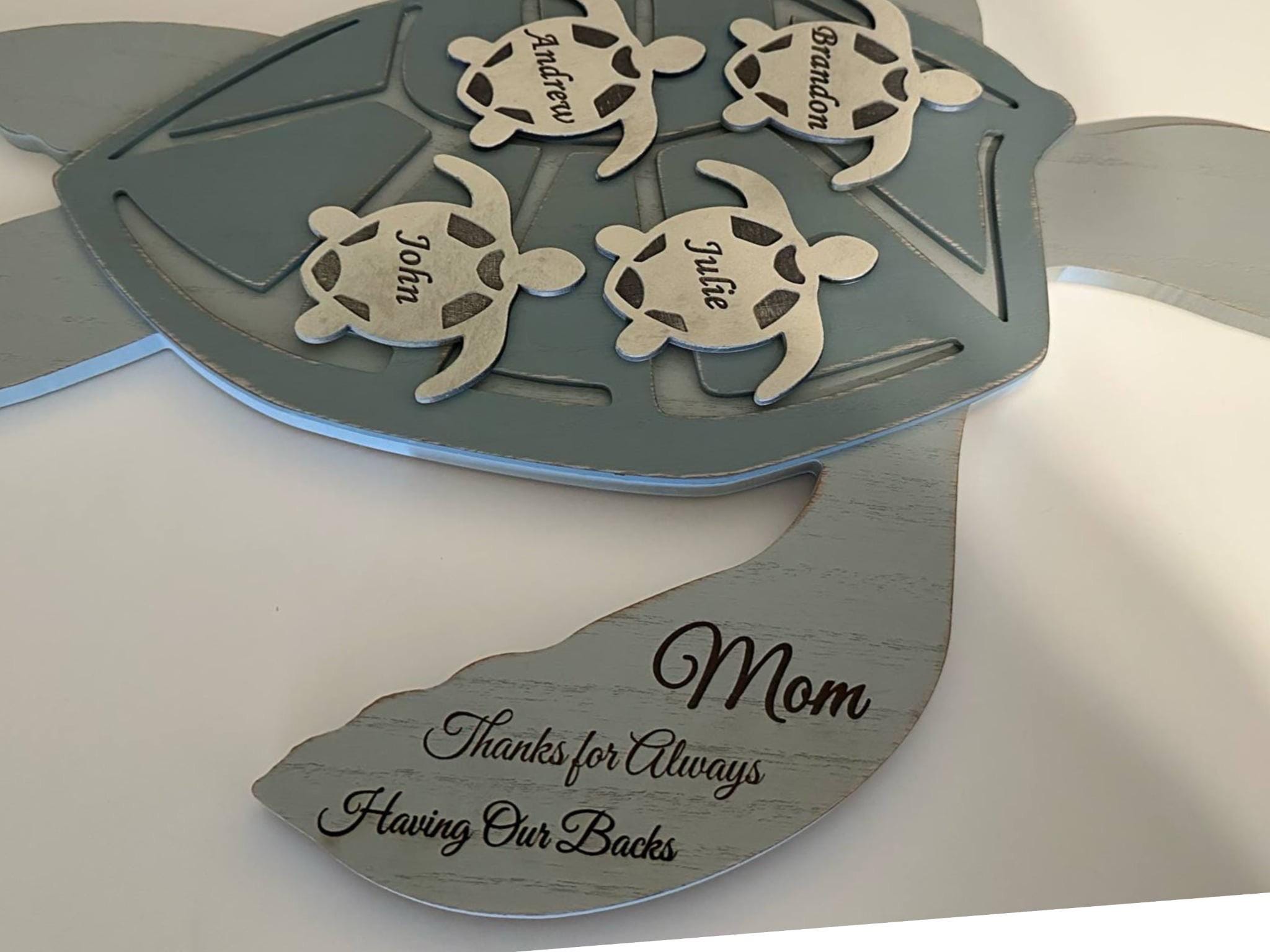 personalized sea turtle wood sign, gift for mom/grandma, thanks for always having our back, custom family name sign, engrave turtle plaque