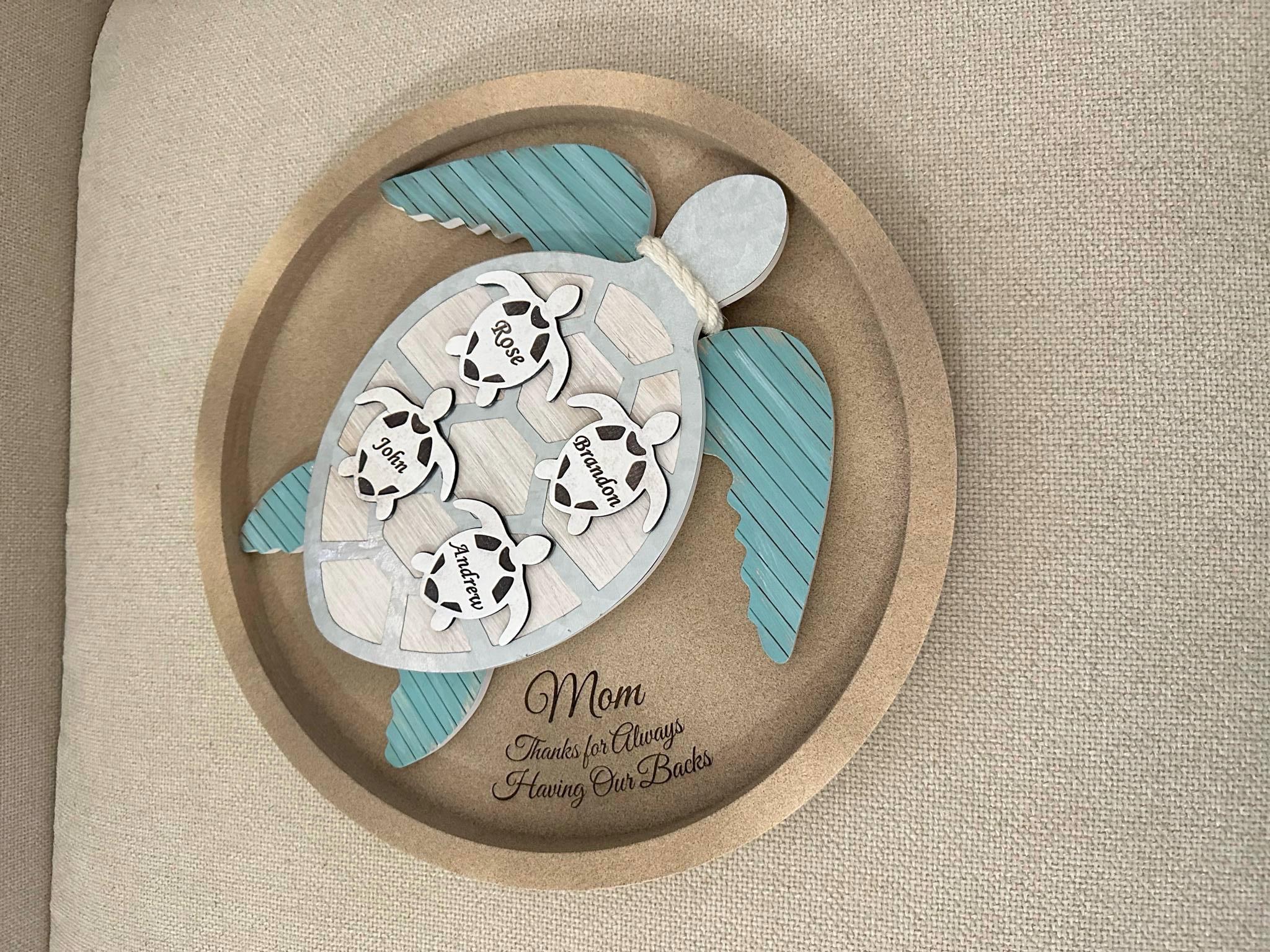 personalized sea turtle wood sign, gift for mom/grandma, thanks for always having our back, custom family name sign, engrave turtle wall art