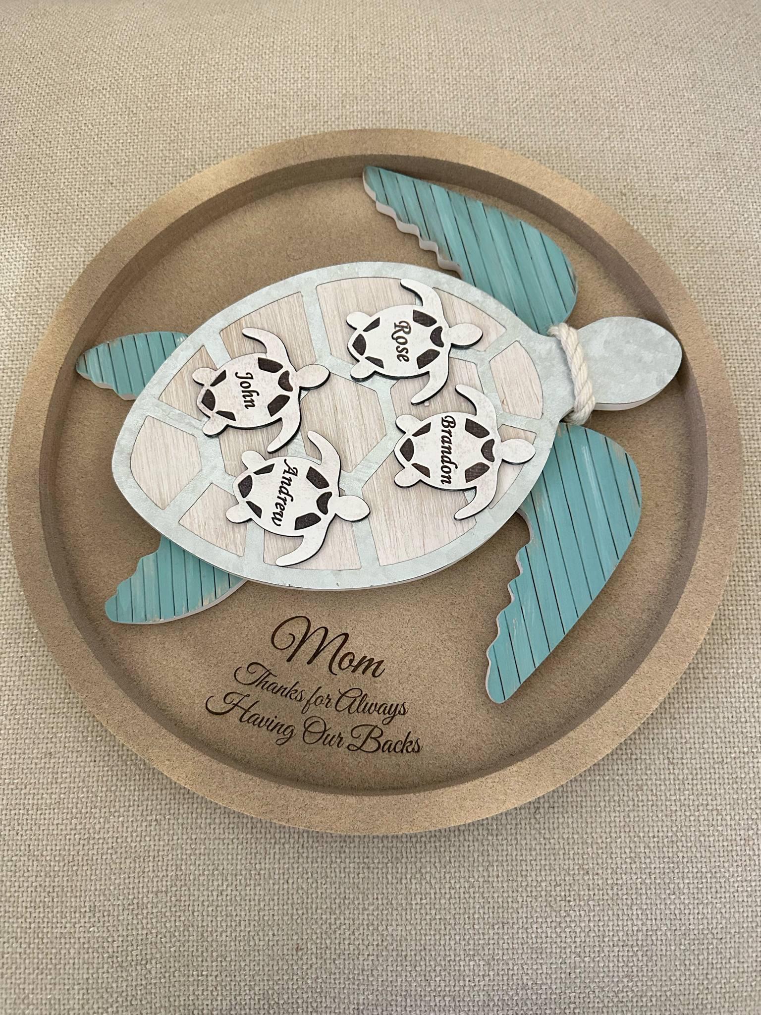 personalized sea turtle wood sign, gift for mom/grandma, thanks for always having our back, custom family name sign, engrave turtle wall art