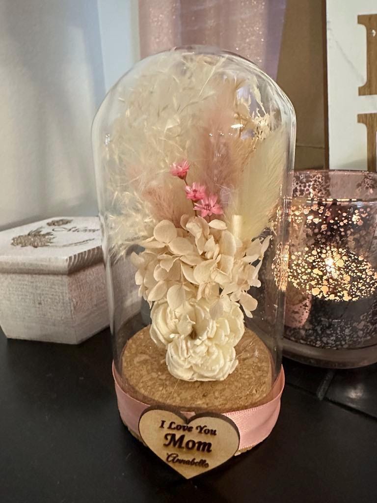 Handmade dried floral cloche | Custom decor | Personalized | mini cloche | glass dome | pink boho | mother's day gift | terrarium