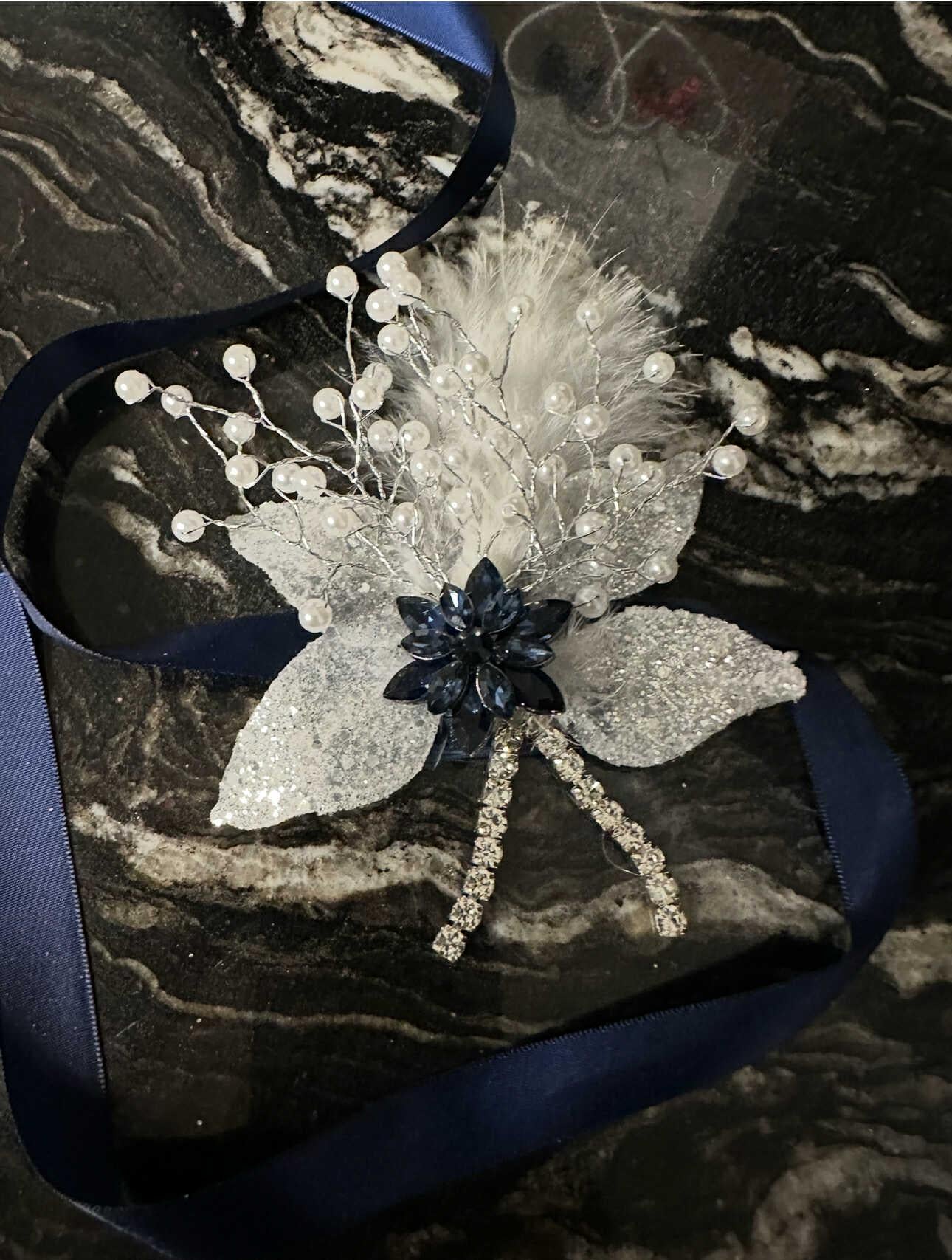 Elegant Royal Blue Corsage with Zirconia, Crystals, pearls and White Leaves with Glitter. Navy Blue Corsage for Proms and Special Occasions