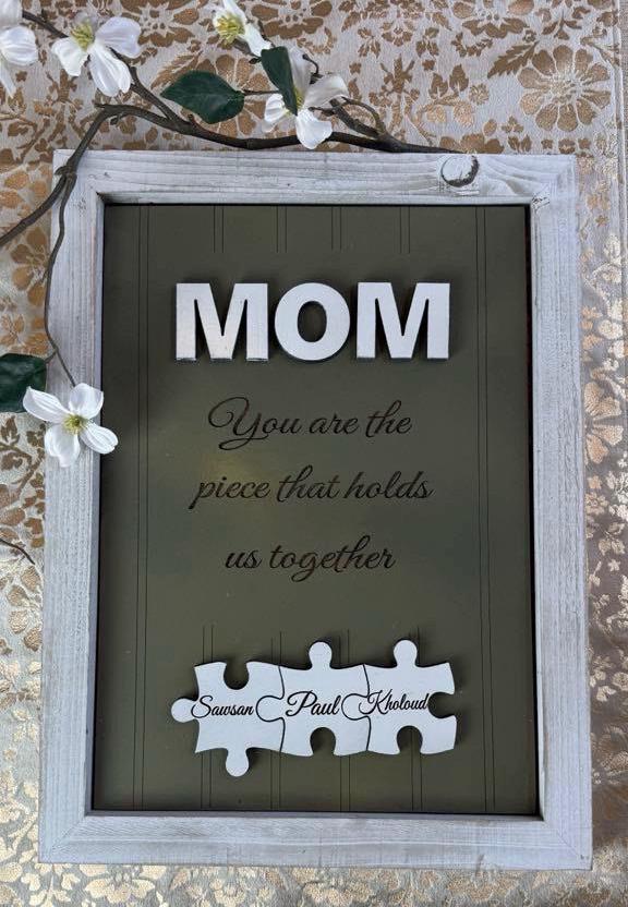 Mom Puzzle Sign Mother's Day Gift from Kids Husband Custom Engraved Wood Sign Piece That Holds Us Together Grandma Gift Personalized Unique