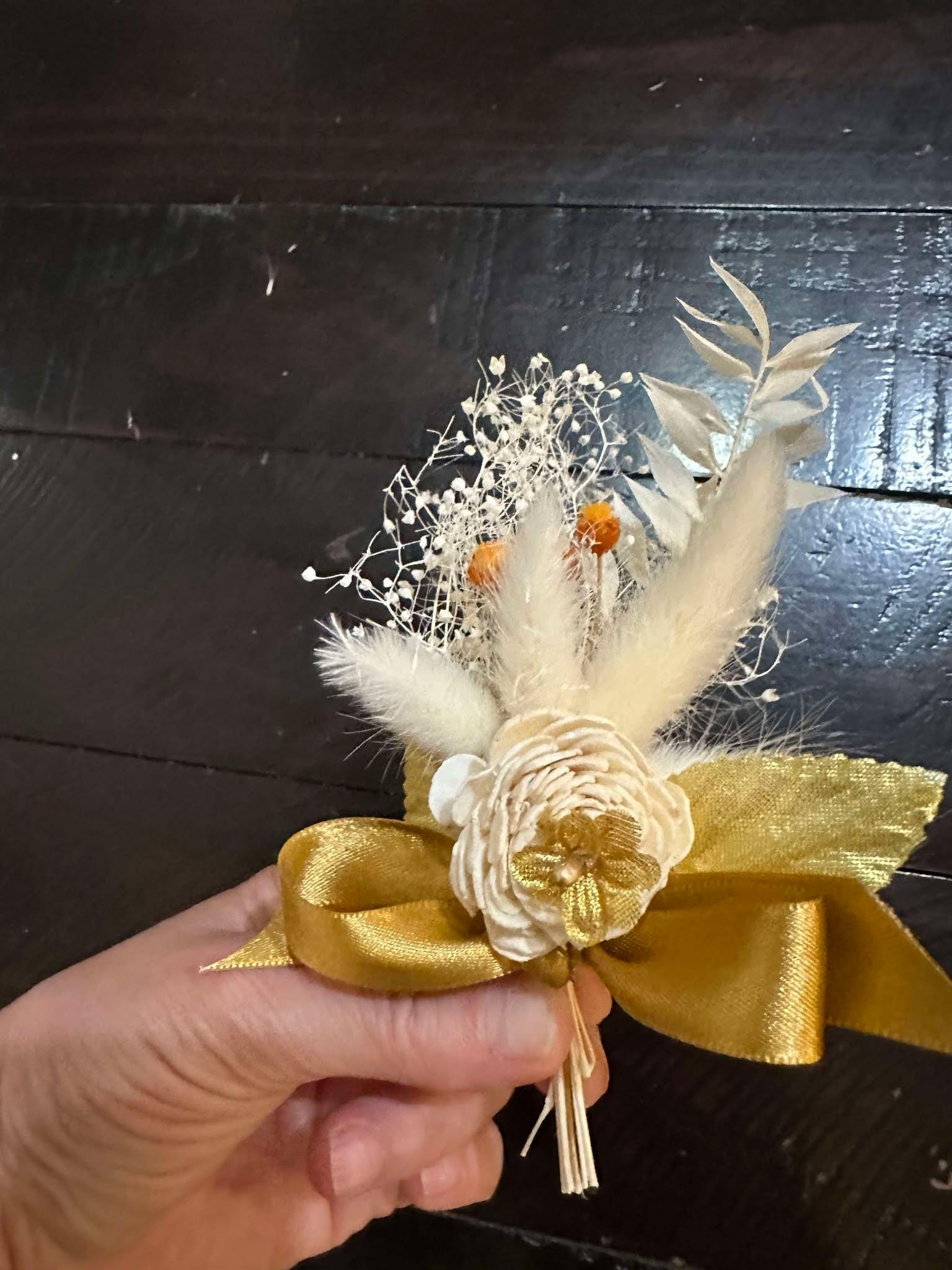 Gold Groom Boutonniere with Dried Flowers, leaves, Pampas and Satin Ribbon - Pin for men -Orange and Gold Groomsmen Buttonhole -Boho Corsage