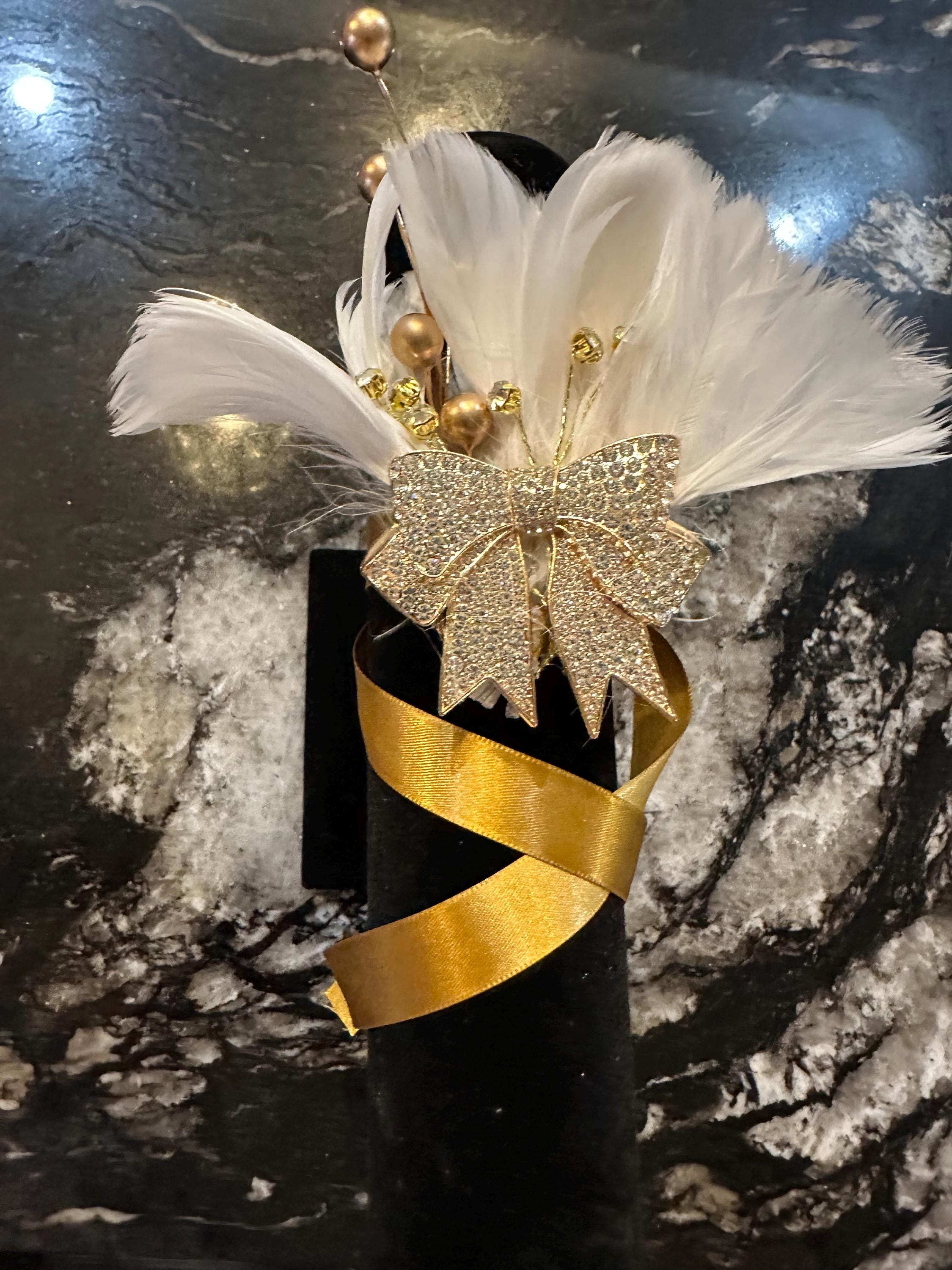 Elegant White Feather Corsage and Boutonniere Set - Gold, Pearl and Rhinestone Accents. Wedding, Prom, Formal Event Floral Accessories.