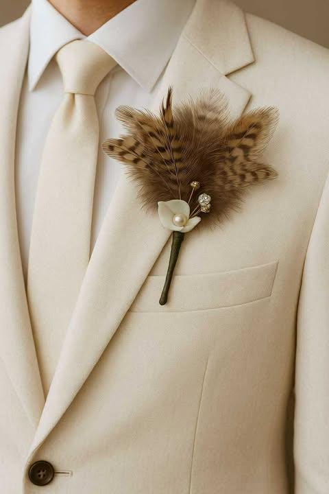 Feather Boutonniere & Corsage set. Brown Feathers, Olive Green Ribbon, Pearl Flowers – Woodland Wedding Accessories. Groom pin . Nature love