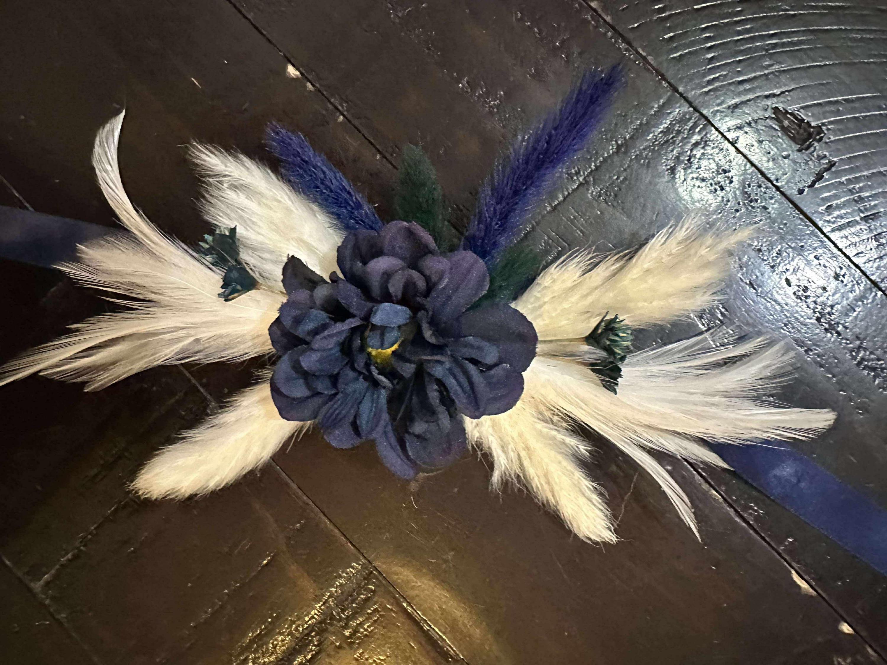 Elegant Navy Blue Boho Boutonniere with feathers, natural dried and silk flowers with matching corsage for women. Royal Blue Corsage, pin.