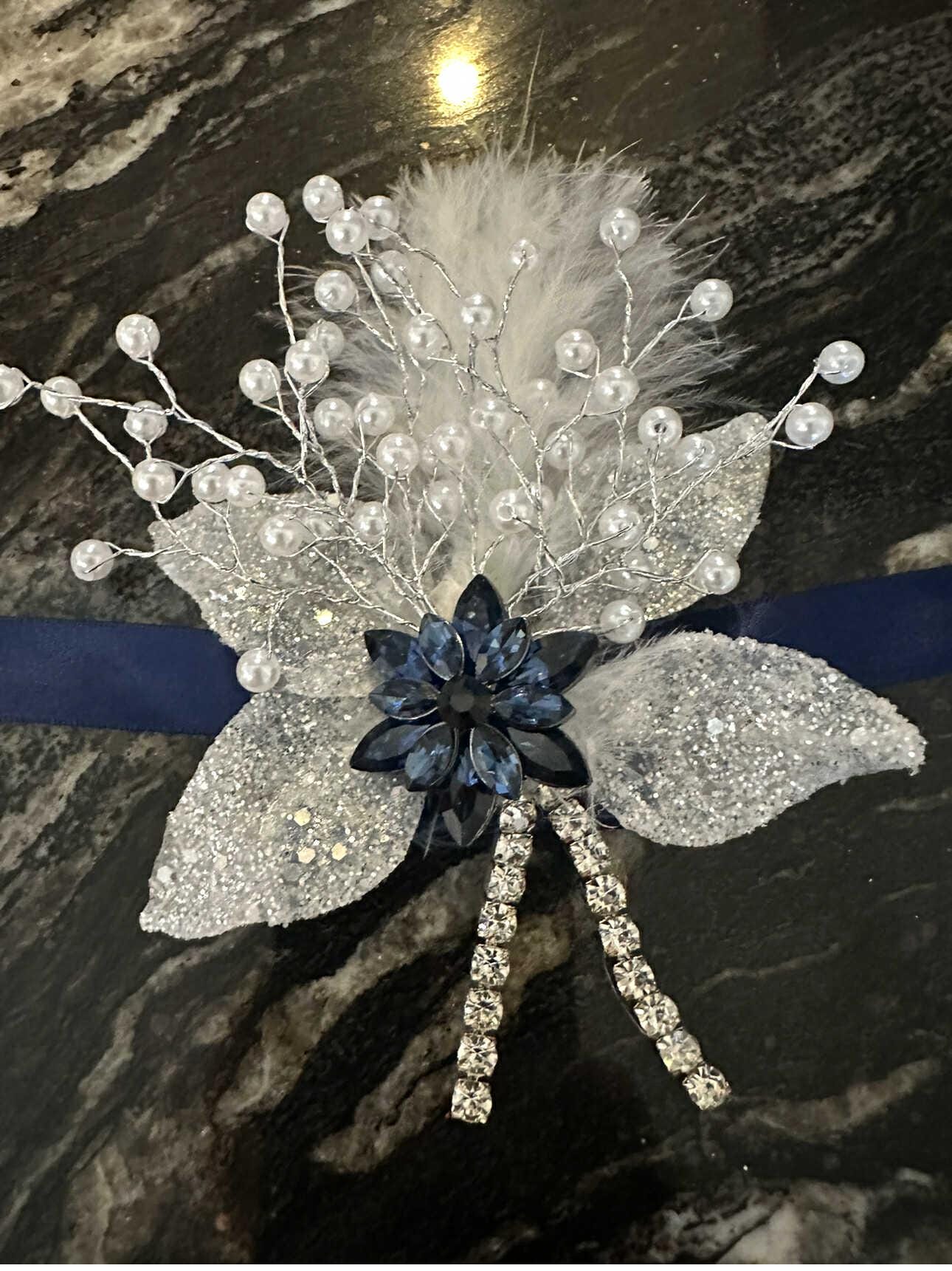 Elegant Royal Blue Corsage with Zirconia, Crystals, pearls and White Leaves with Glitter. Navy Blue Corsage for Proms and Special Occasions
