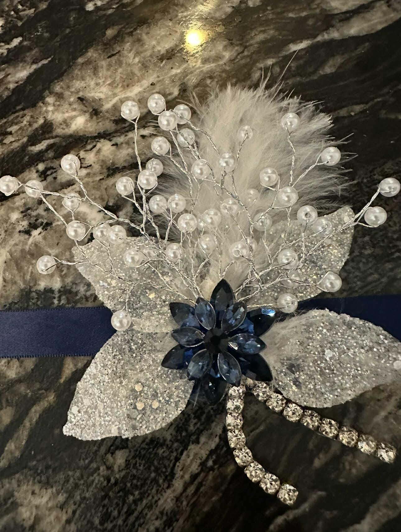 Elegant Royal Blue Corsage with Zirconia, Crystals, pearls and White Leaves with Glitter. Navy Blue Corsage for Proms and Special Occasions
