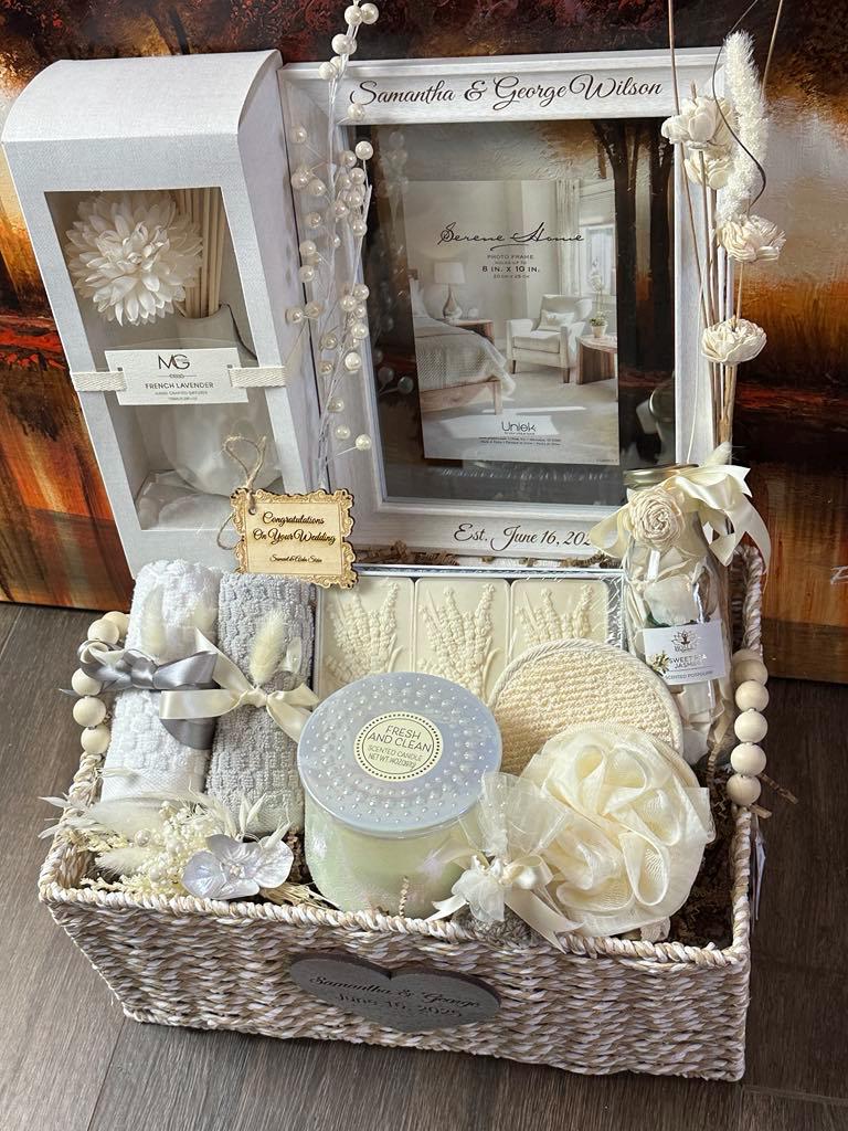 Personalized Wedding Spa Gift Basket: Engraved Frame & Keepsake Heart