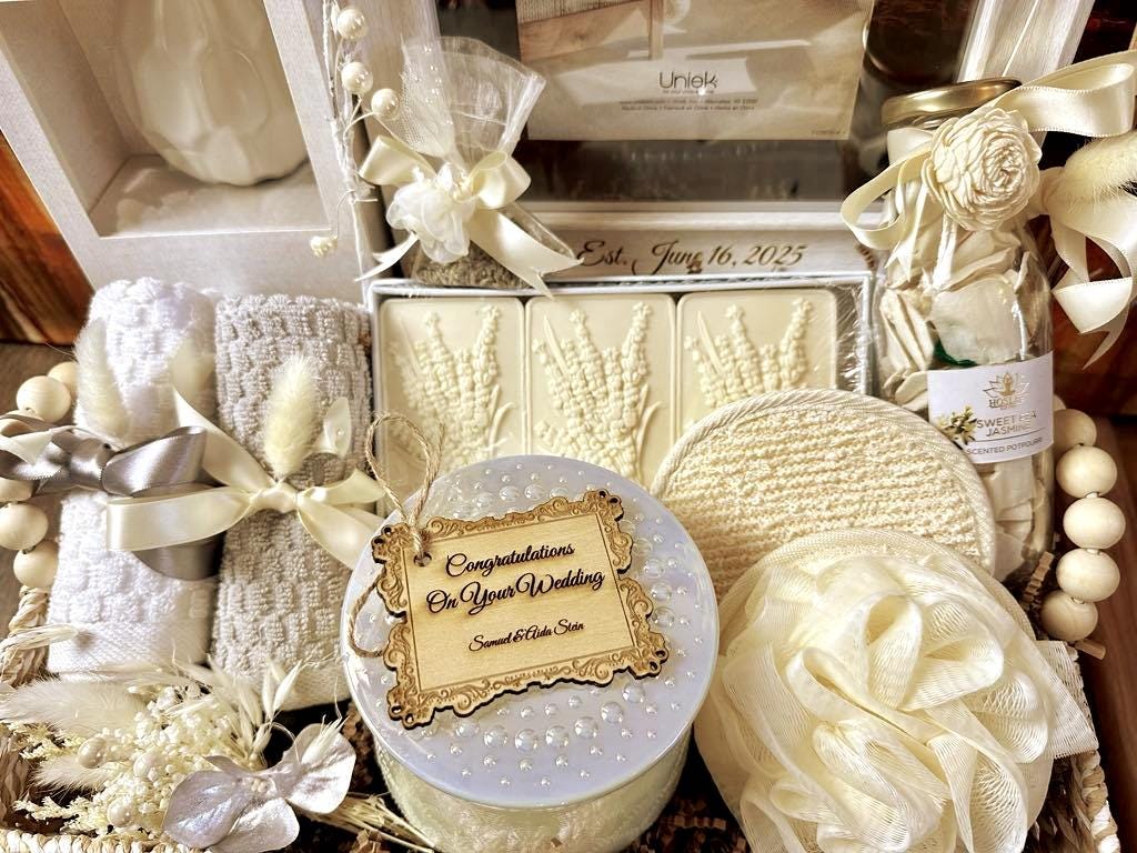 Personalized Wedding Spa Gift Basket: Engraved Frame & Keepsake Heart