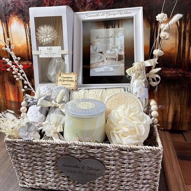 Personalized Wedding Spa Gift Basket: Engraved Frame & Keepsake Heart