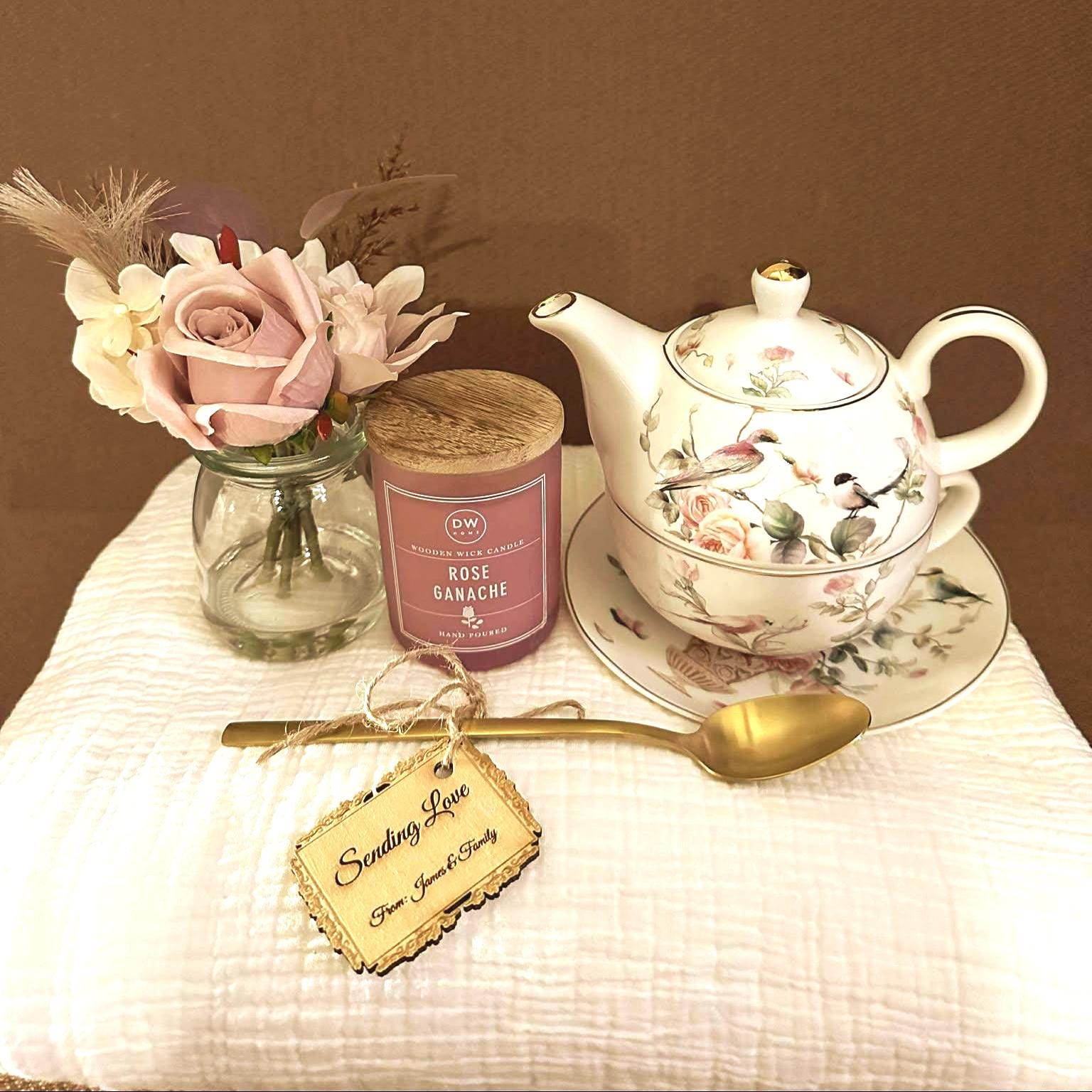 Floral Teapot Gift Set: Rose Candle, Cotton Blanket & Dried Accents