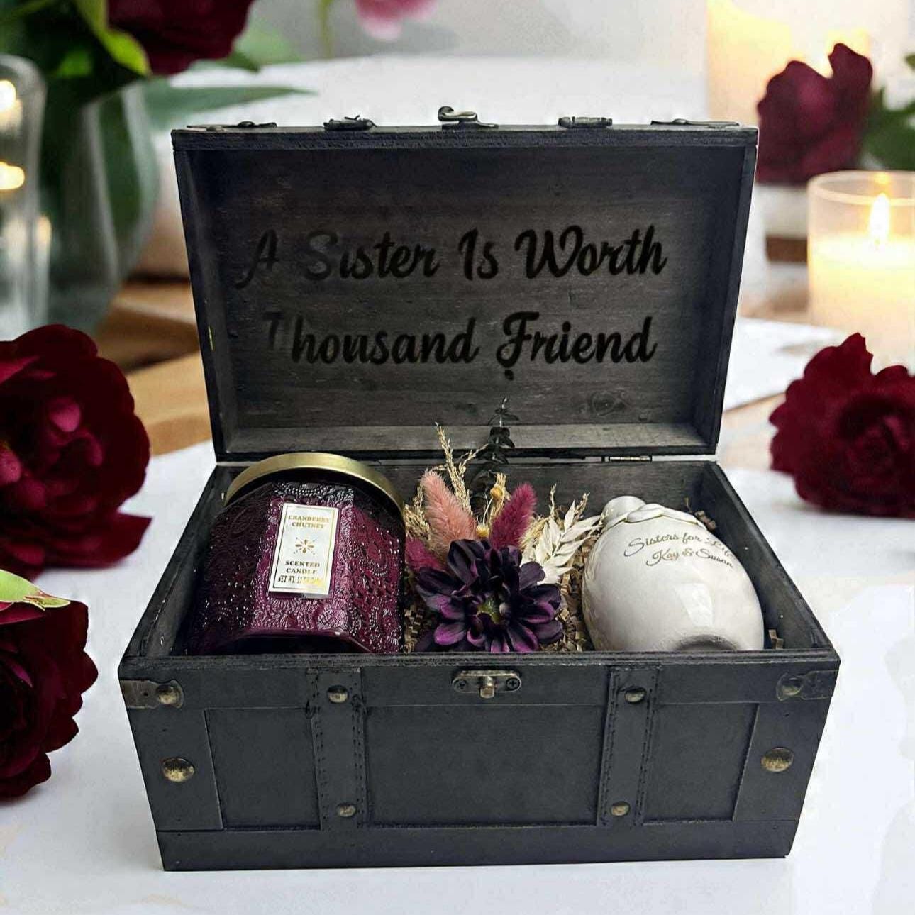 Personalized Keepsake Box with a Gift of Dried Flowers, Candle, and a Personalized Ceramic Vase to celebrate Sisterhood, Friendship, Love.