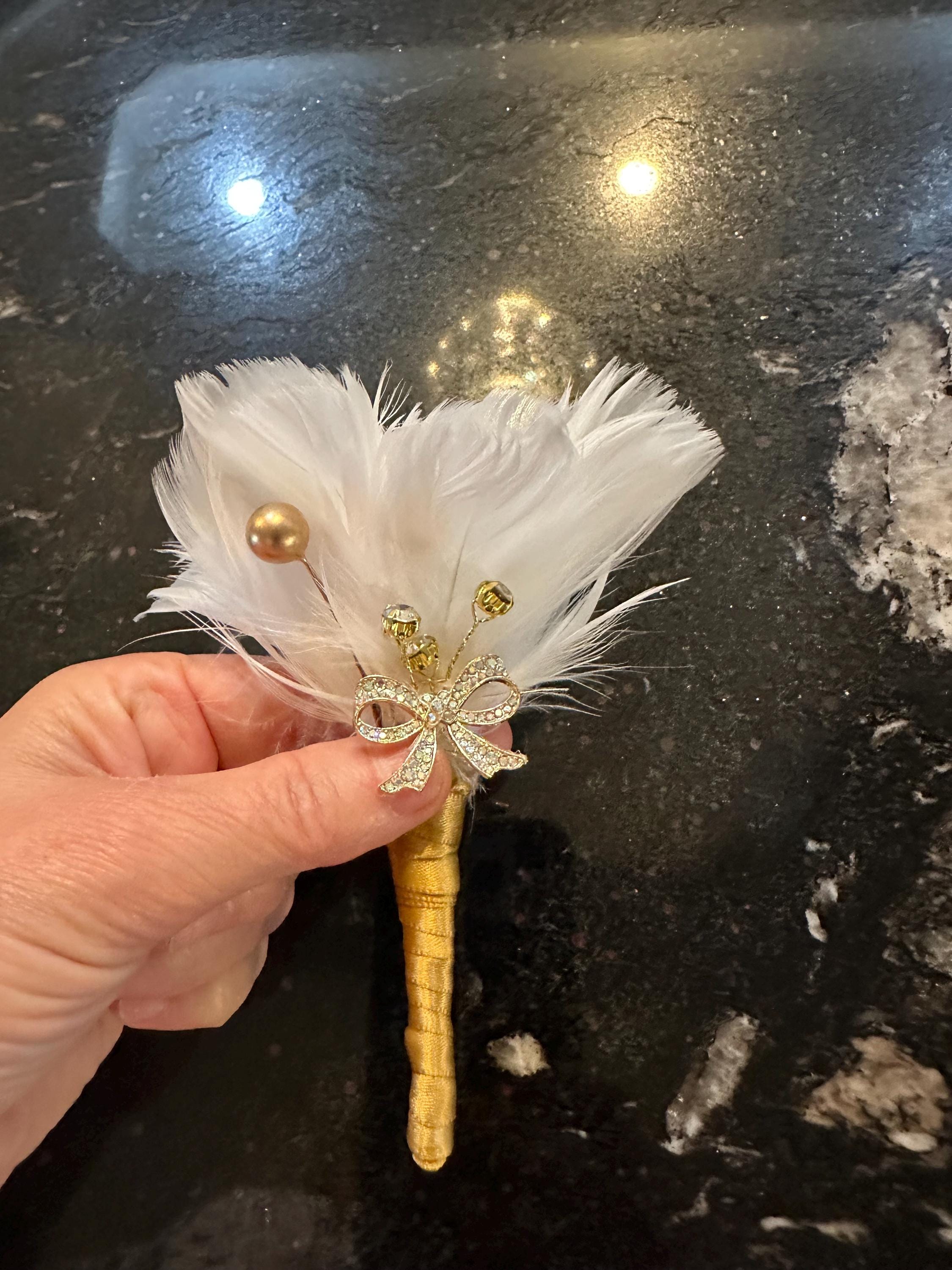 Elegant White Feather Corsage and Boutonniere Set - Gold, Pearl and Rhinestone Accents. Wedding, Prom, Formal Event Floral Accessories.