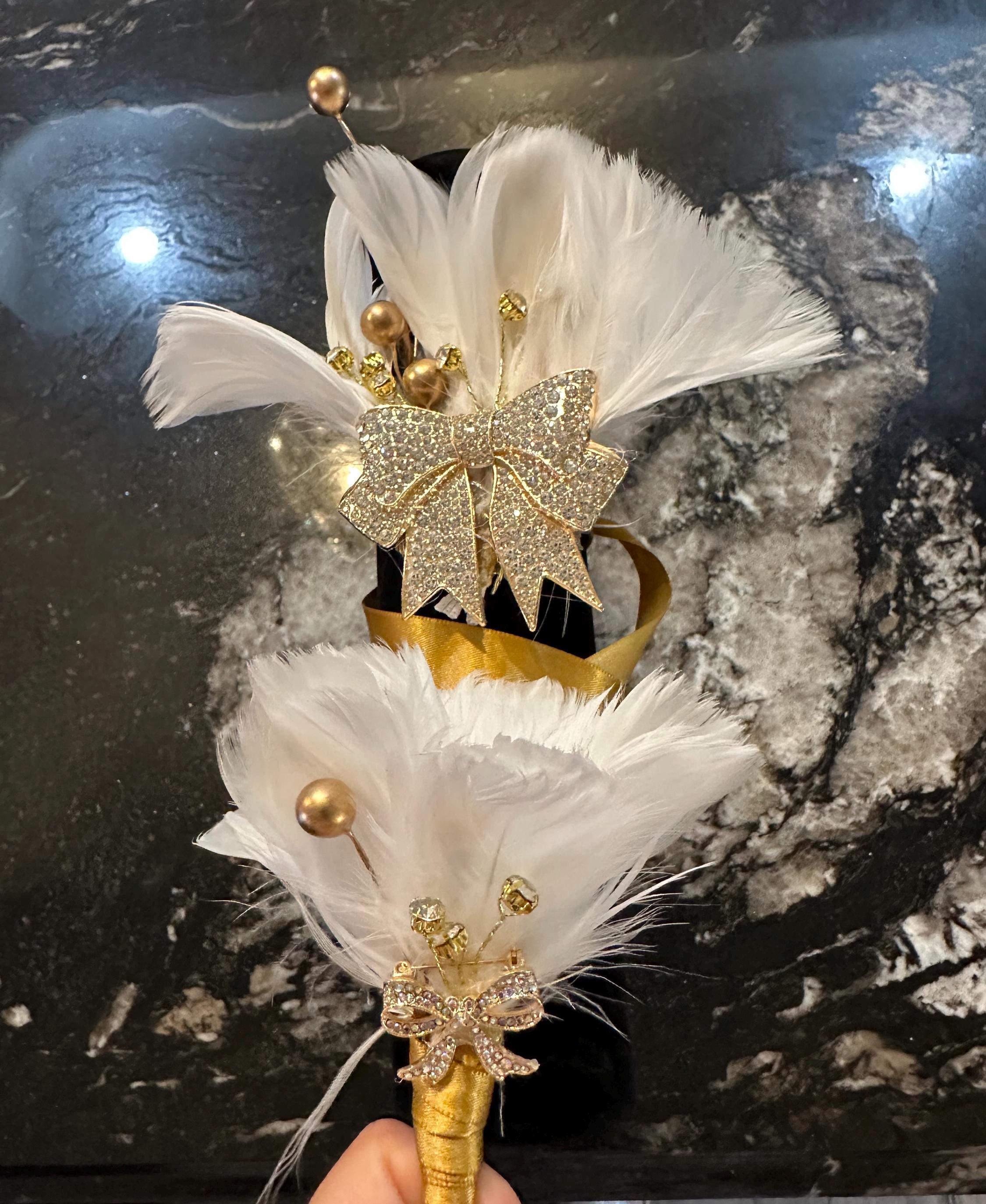 Elegant White Feather Corsage and Boutonniere Set - Gold, Pearl and Rhinestone Accents. Wedding, Prom, Formal Event Floral Accessories.
