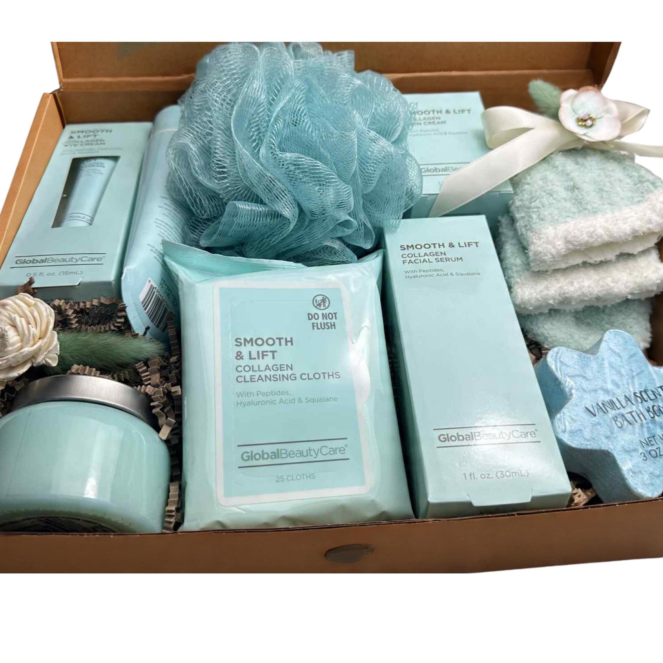 Teal Collagen Skincare Gift Basket: Spa Self Care Set for Women