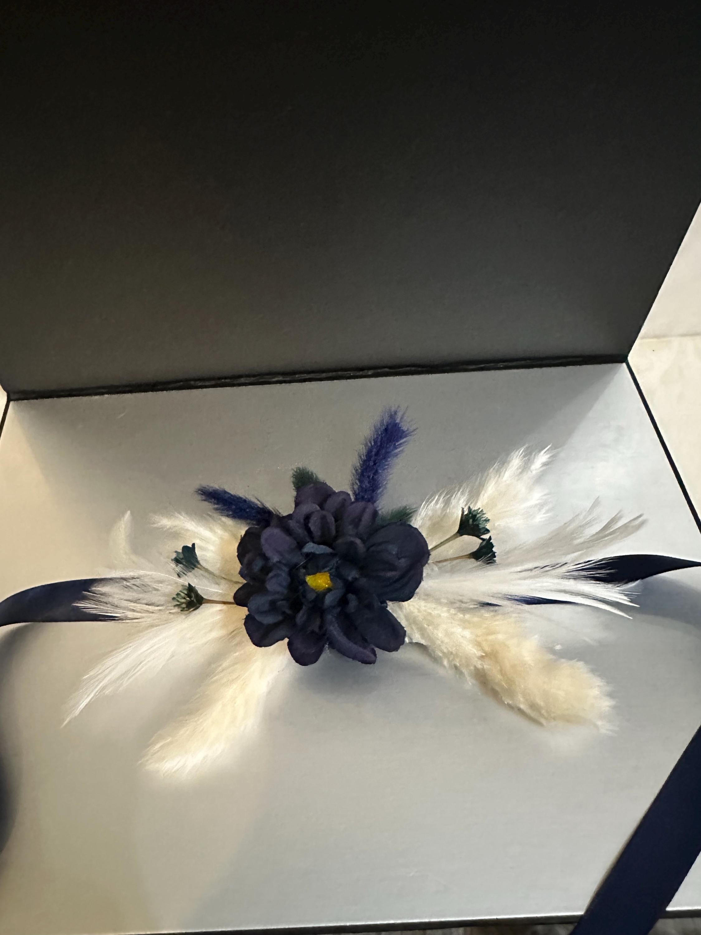 Elegant Navy Blue Boho Boutonniere with feathers, natural dried and silk flowers with matching corsage for women. Royal Blue Corsage, pin.