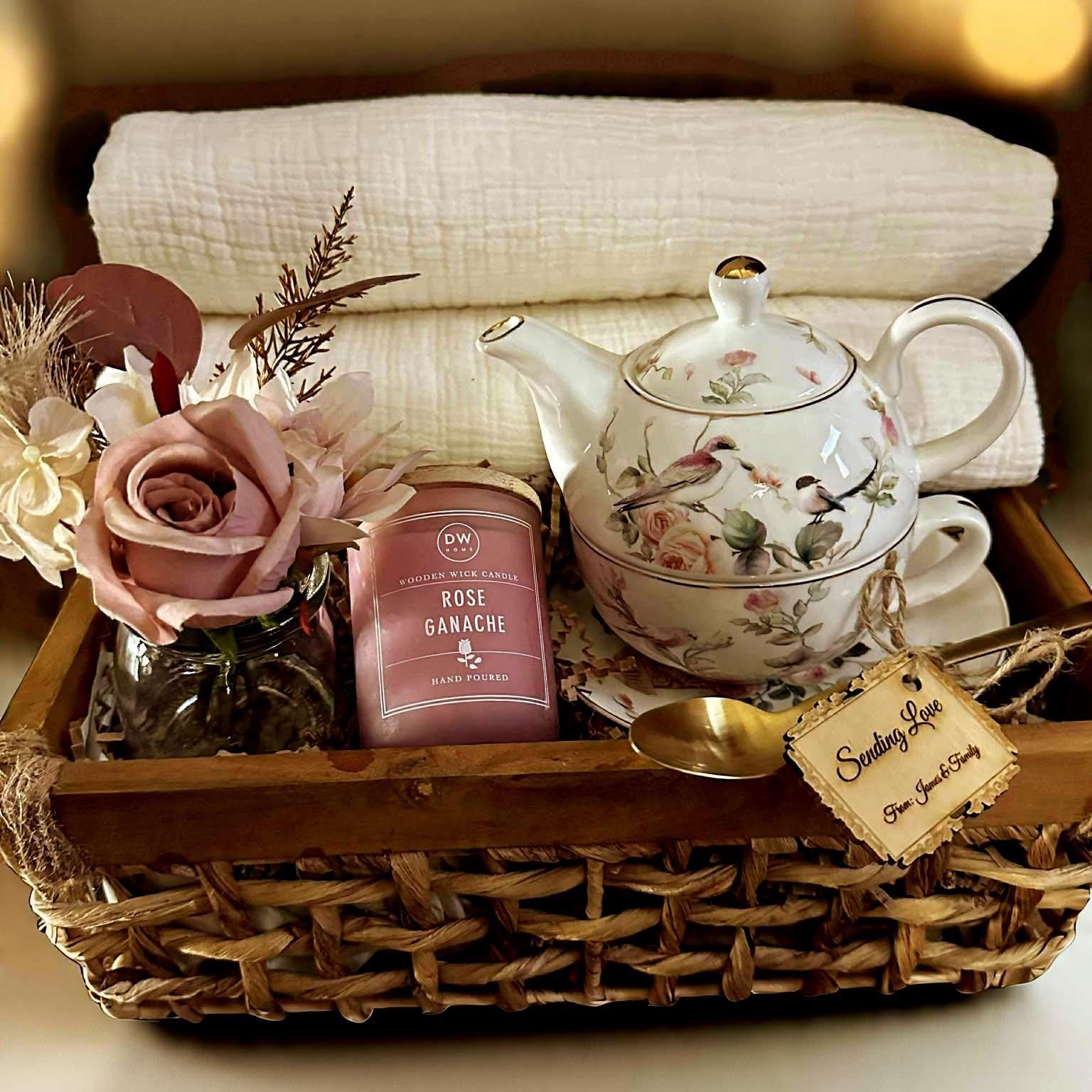 Floral Teapot Gift Set: Rose Candle, Cotton Blanket & Mini Bouquet