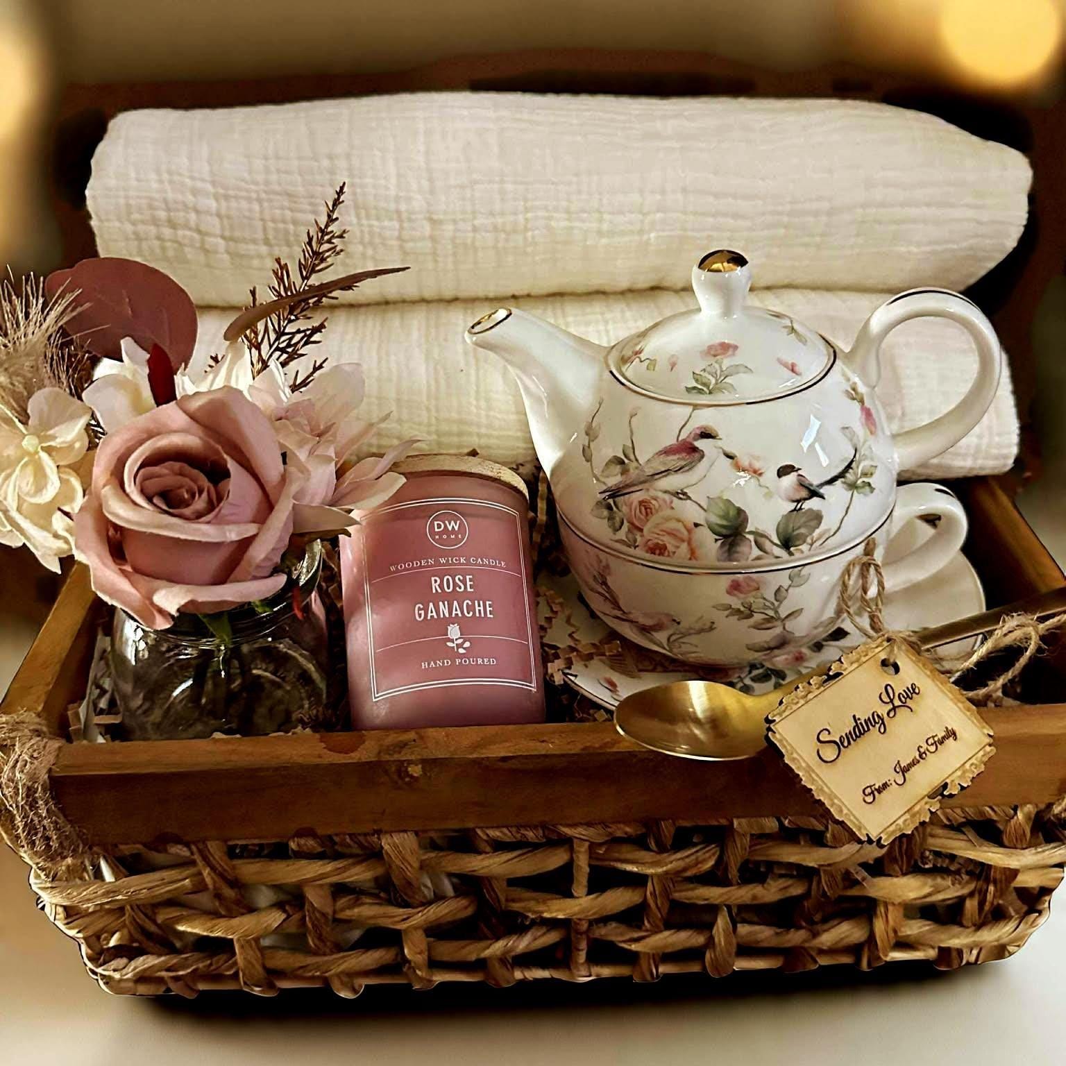 Floral Teapot Gift Set: Rose Candle, Cotton Blanket & Dried Accents