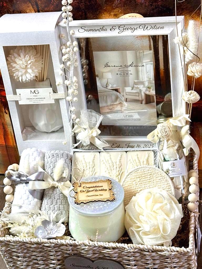 Personalized Wedding Spa Gift Basket: Engraved Frame & Keepsake Heart