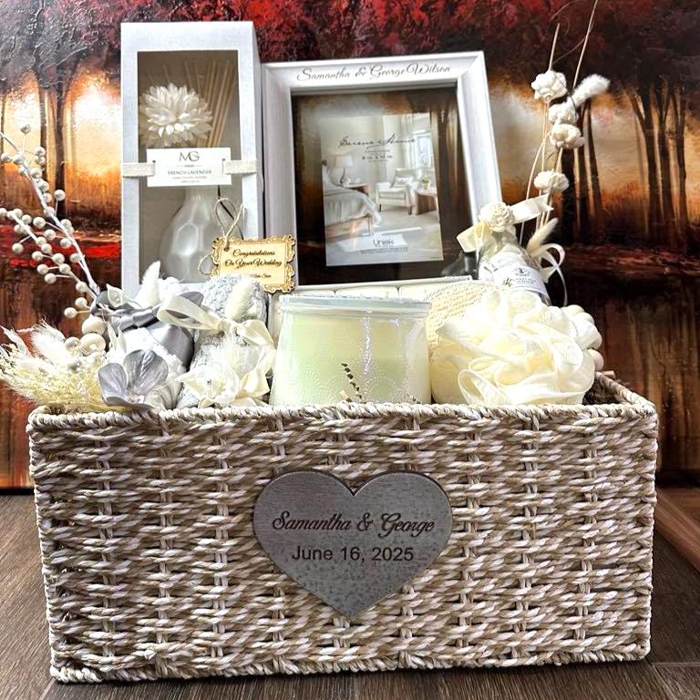 Personalized Wedding Spa Gift Basket: Engraved Frame & Keepsake Heart