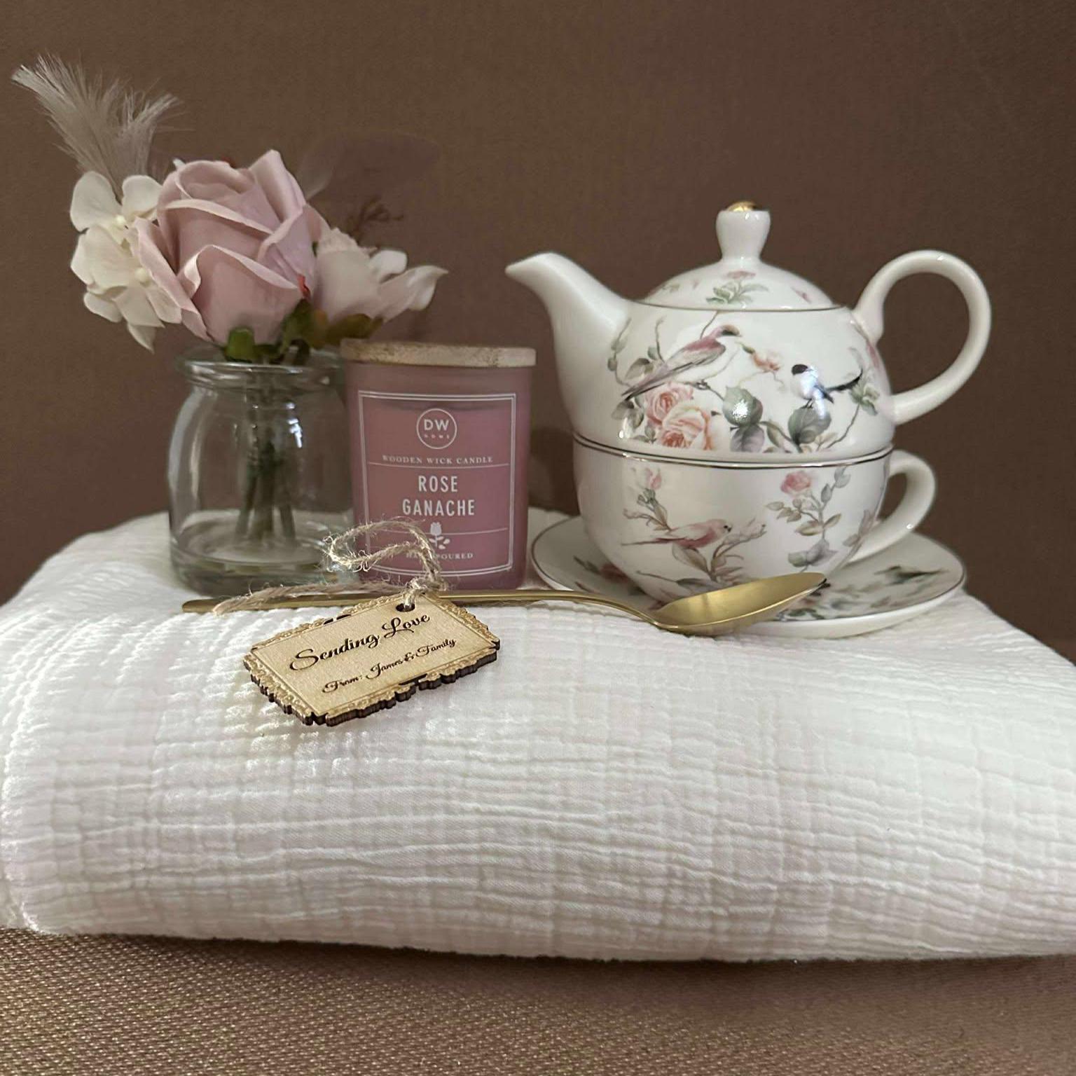 Floral Teapot Gift Set: Rose Candle, Cotton Blanket & Mini Bouquet