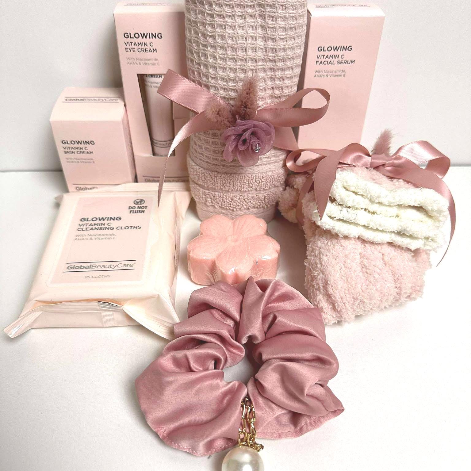 Pink Spa Gift Box: Vitamin C Skincare, Cozy Socks & Floral Soap