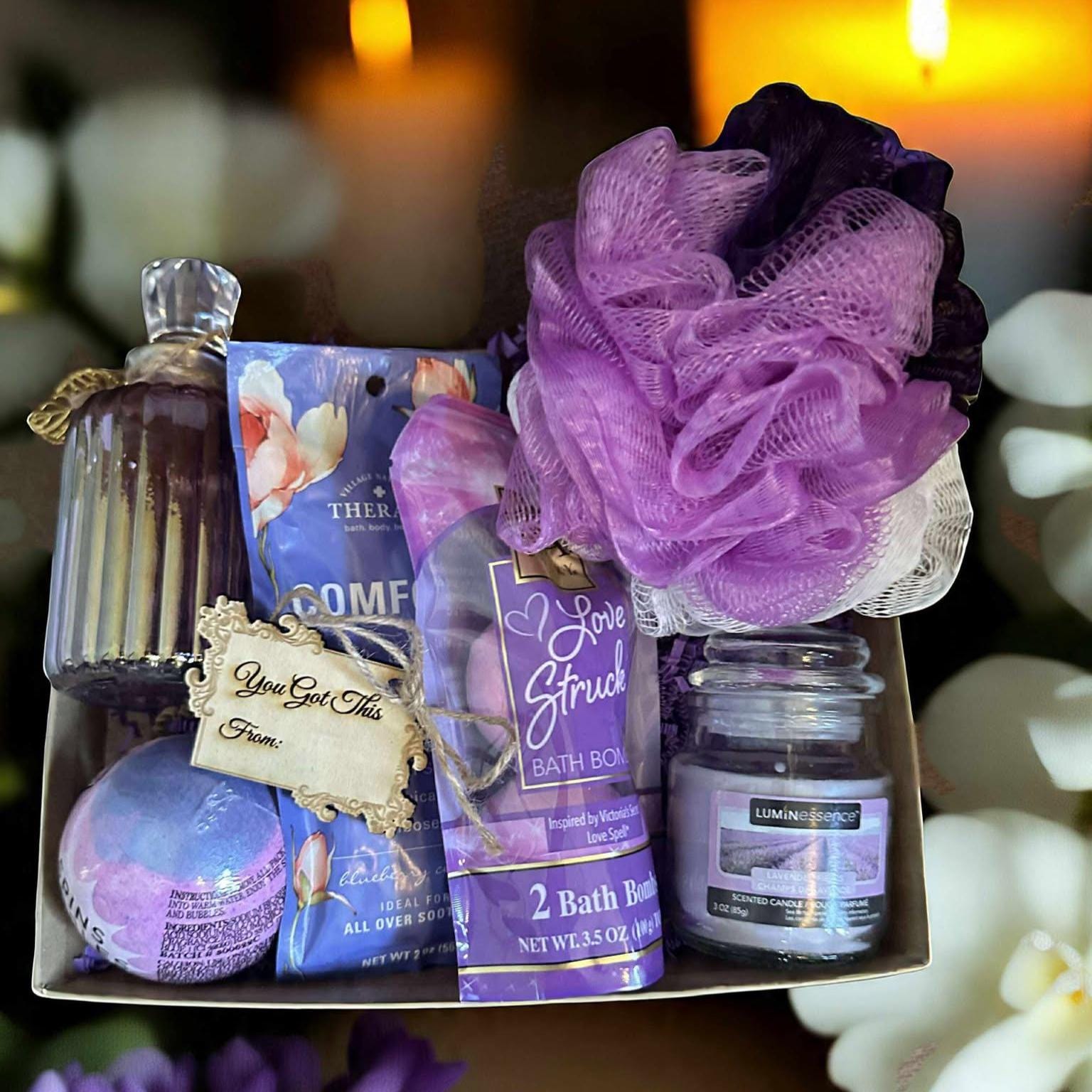 Lavender Spa Gift Box: Bath Bombs, Candle & Socks - Self Care Set