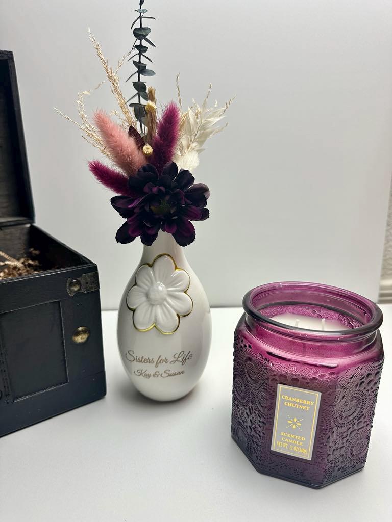 Personalized Keepsake Box with a Gift of Dried Flowers, Candle, and a Personalized Ceramic Vase to celebrate Sisterhood, Friendship, Love.