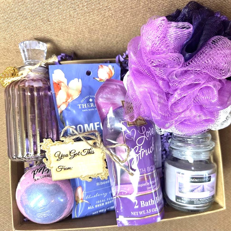 Lavender Spa Gift Box: Bath Bombs, Candle & Socks - Self Care Set