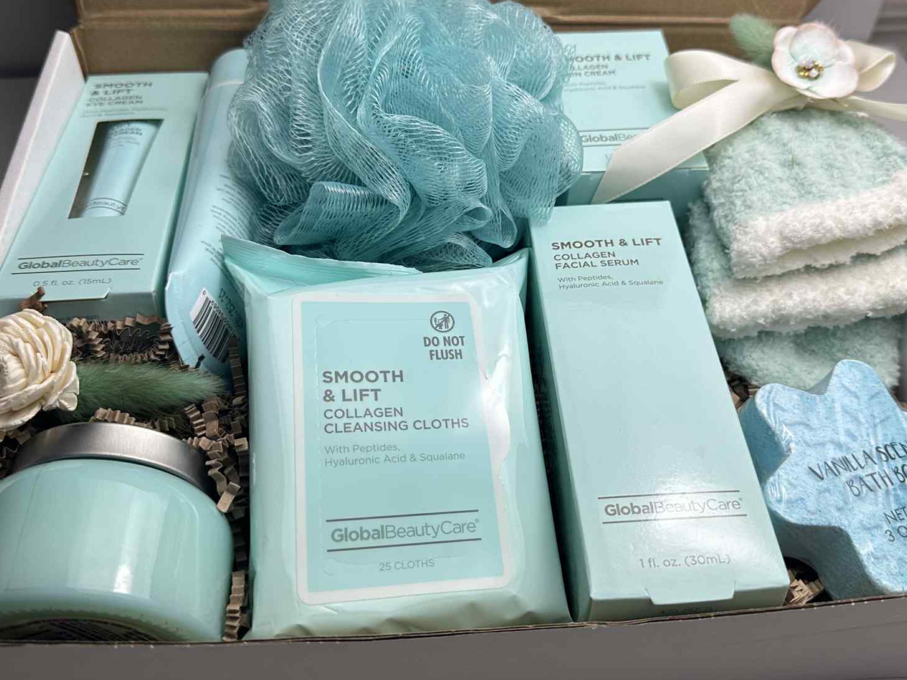 Teal Collagen Skincare Gift Basket: Spa Self Care Set for Women