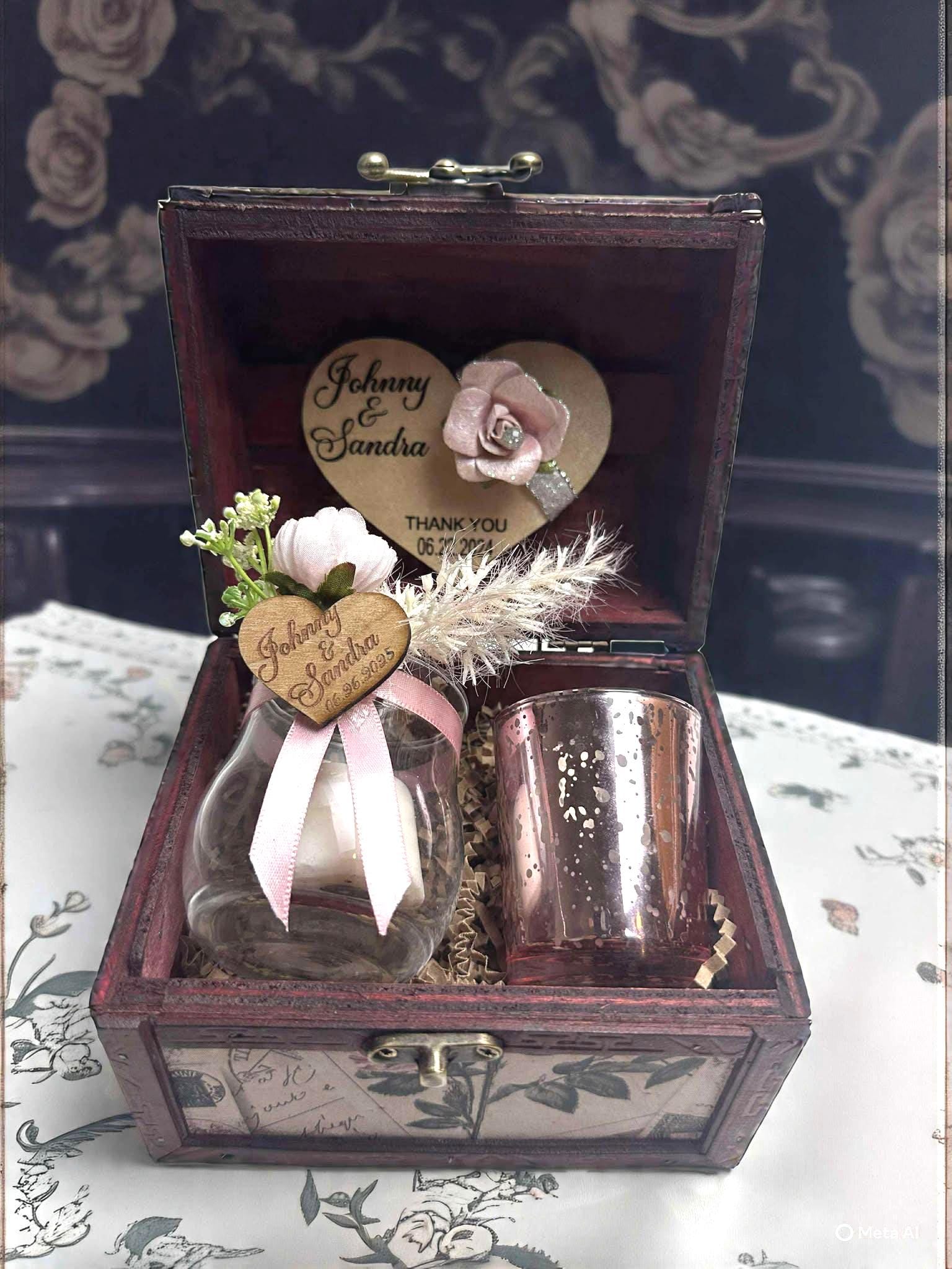 Personalized Wedding Keepsake Box: Vintage Floral Vase, Candle & Engraved Tag