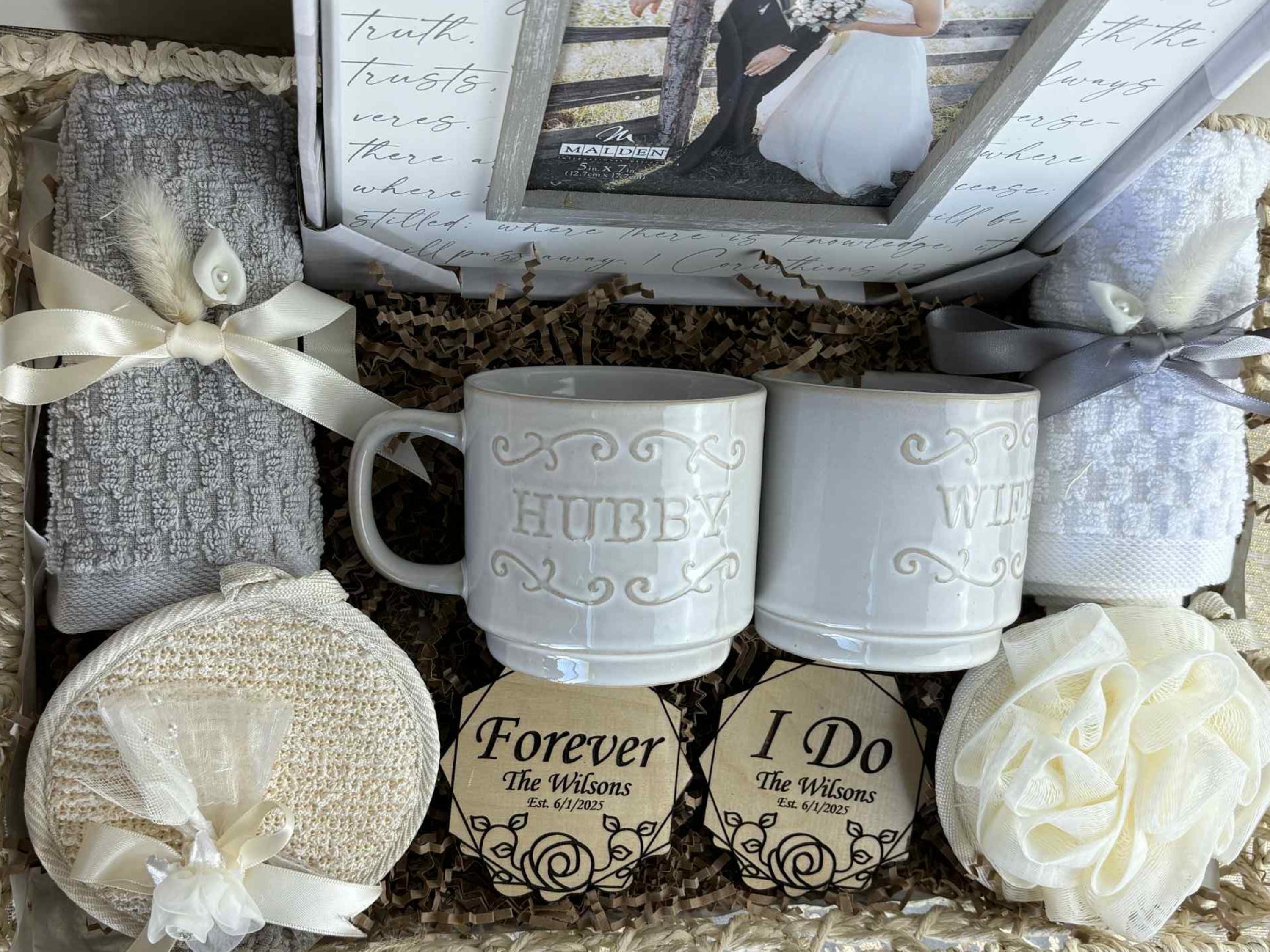 Personalized Wedding Gift Basket for Couple – Hubby and Wifey Mugs, Custom Coasters, Towel Set & Frame – Engagement or Bridal Shower Gift