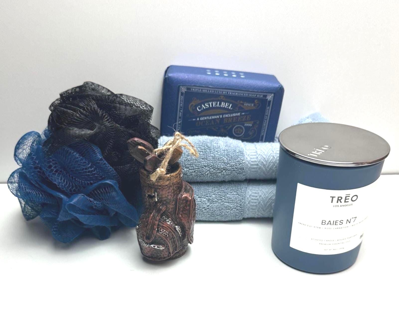 Luxury Men’s Spa Gift Box – Blue Towel Set, Loofahs, Scented Candle & Soap in Keepsake Chest – Relaxation Gift for Him