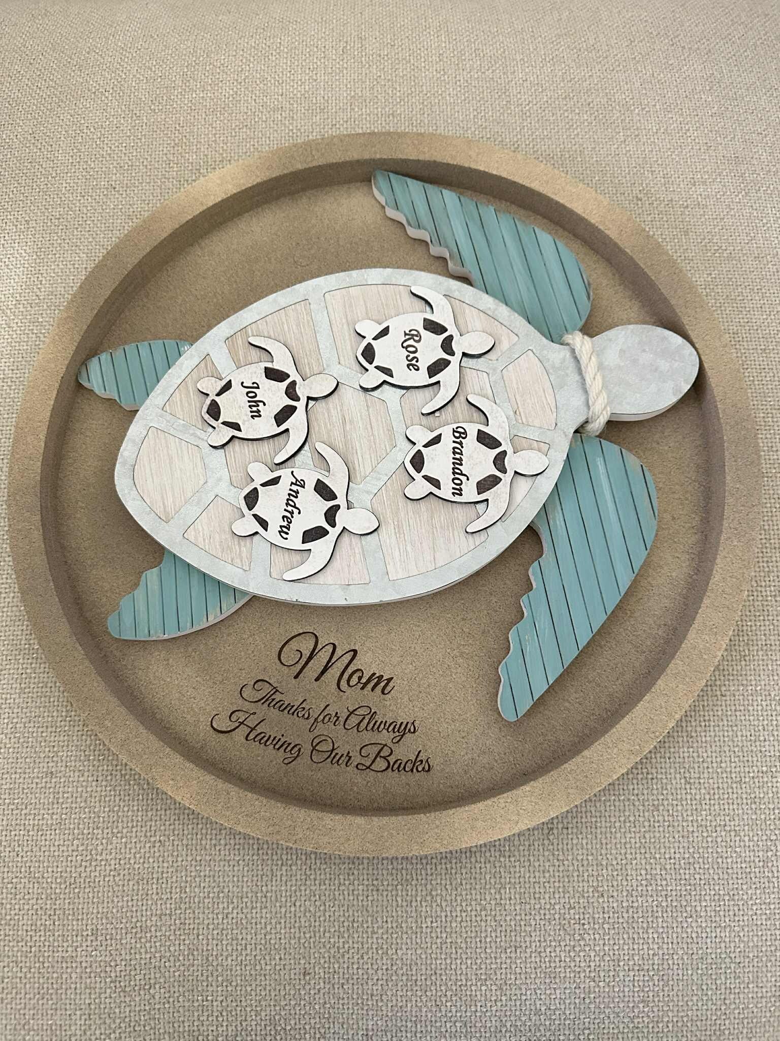 Personalized Sea Turtle Mom Plaque – Custom Kids Names | Mother's Day Gift | Ocean Decor | "Thanks for Having Our Backs" Wall or table Decor