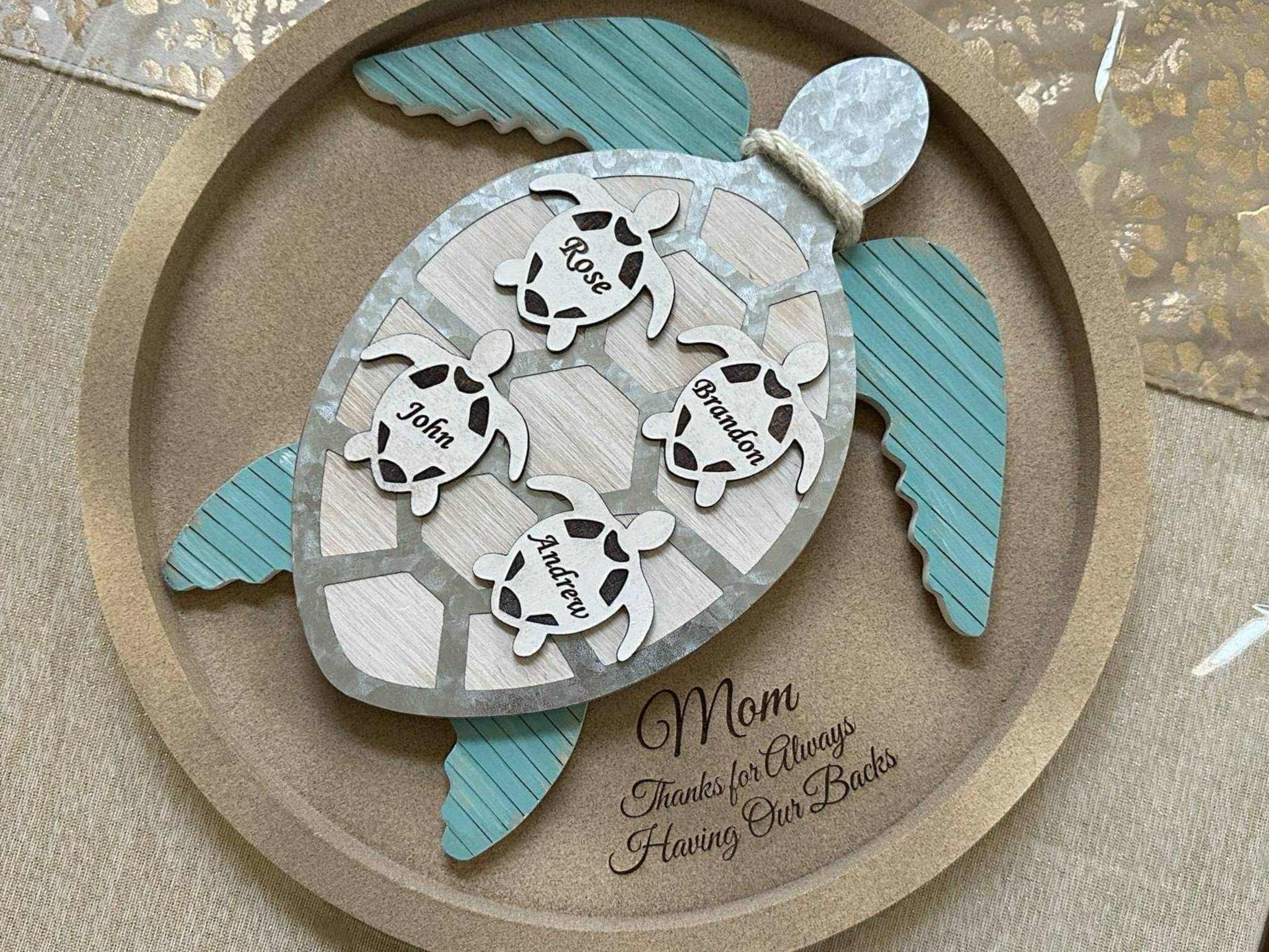 Personalized Sea Turtle Mom Plaque – Custom Kids Names | Mother's Day Gift | Ocean Decor | "Thanks for Having Our Backs" Wall or table Decor