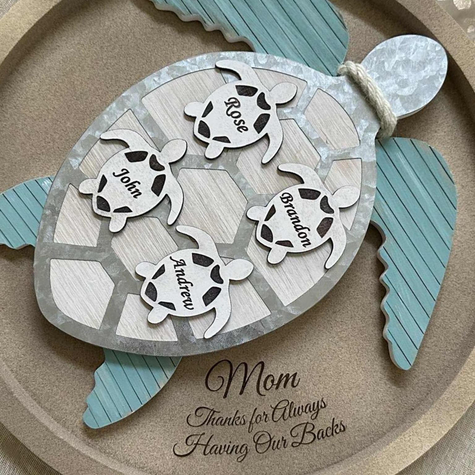 Personalized Sea Turtle Mom Plaque – Custom Kids Names | Mother's Day Gift | Ocean Decor | "Thanks for Having Our Backs" Wall or table Decor