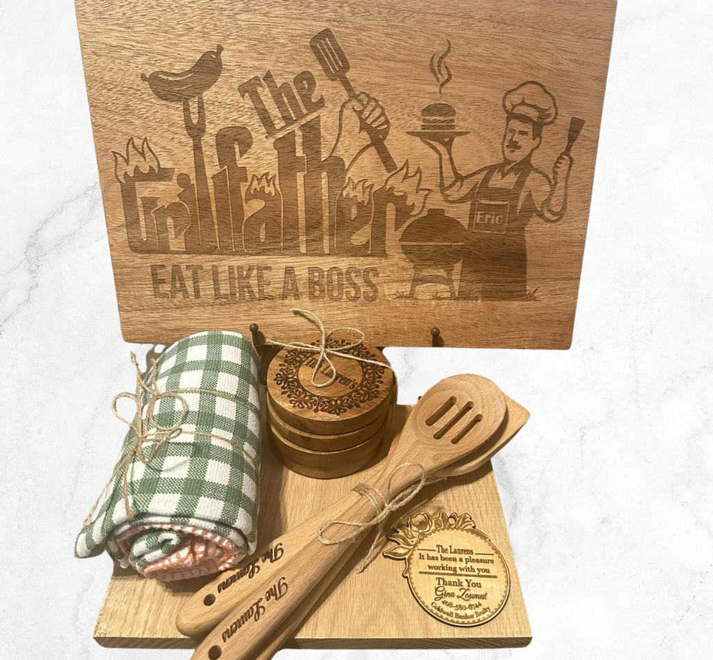 Personalized Engraved Kitchen Gift Set – Custom Cutting Board, Utensils & Coasters | Realtor Closing Gift, Housewarming, or Family Keepsake