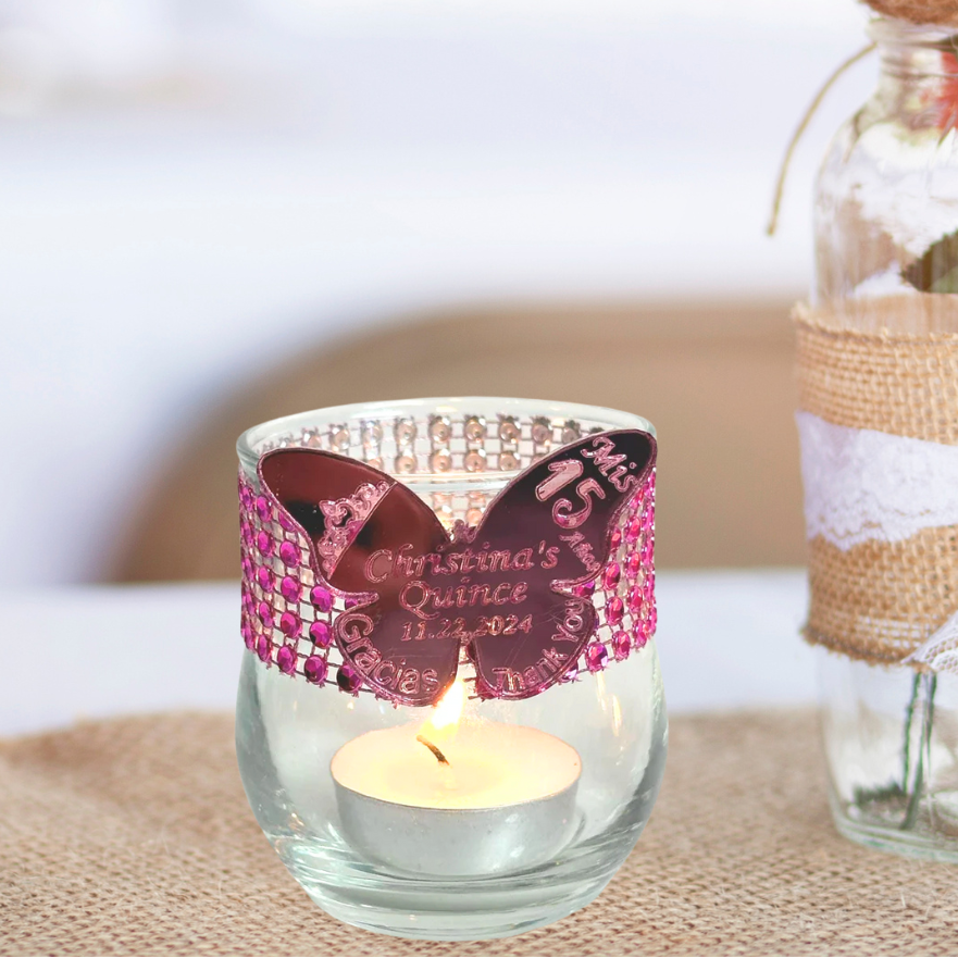 Set of 5 Mirror Butterfly candle holders, Bling glam party favors for guests, Hot pink candle favors, custom  Quinceanera favors, Butterfly favors