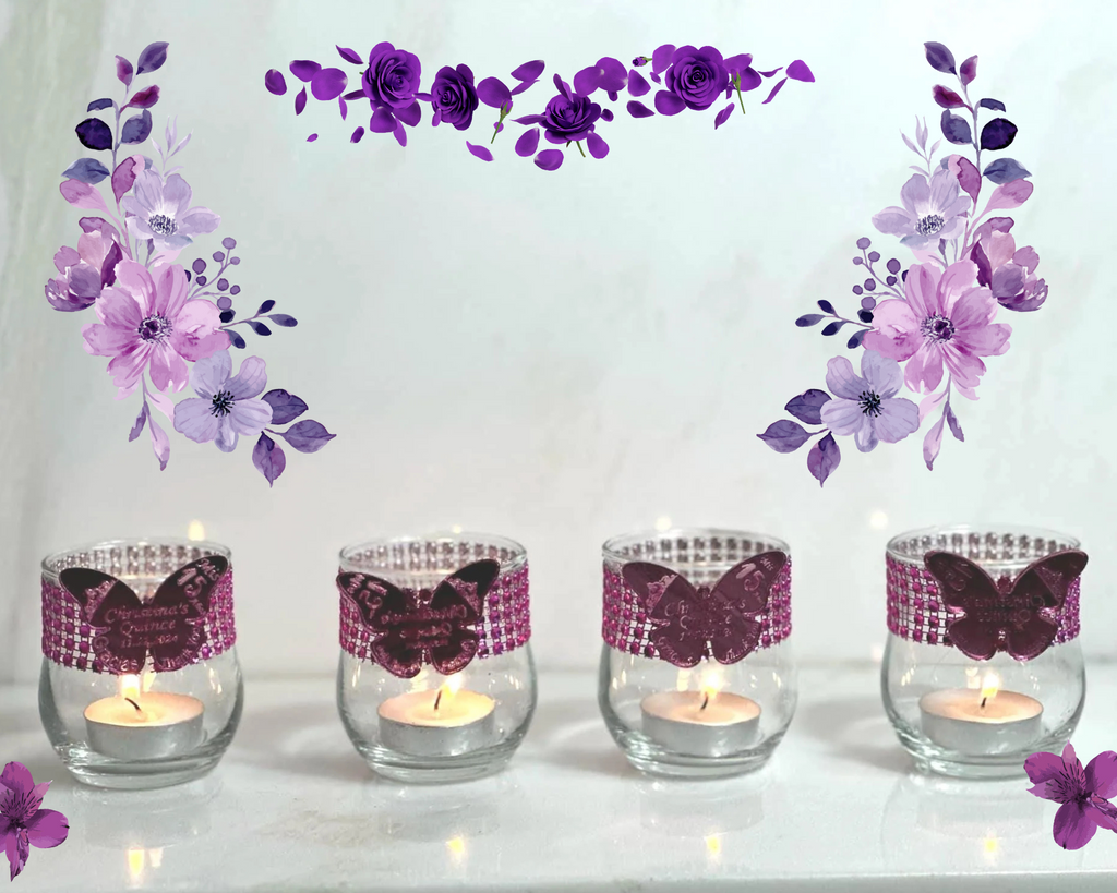 Set of 5 Mirror Butterfly candle holders, Bling glam party favors for guests, Hot pink candle favors, custom  Quinceanera favors, Butterfly favors