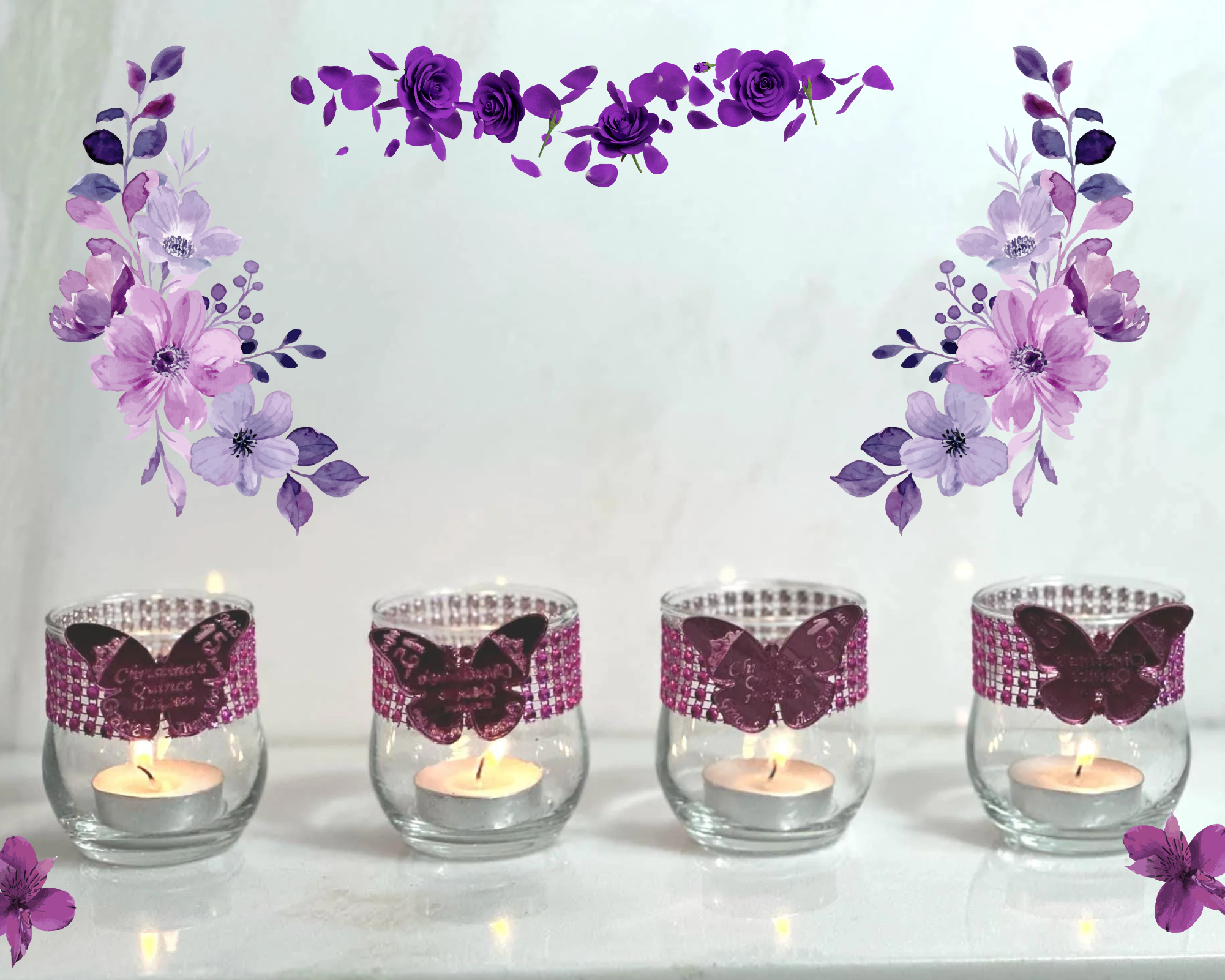 Set of 5 Mirror Butterfly candle holders, Bling glam party favors for guests, Hot pink candle favors, custom  Quinceanera favors, Butterfly favors