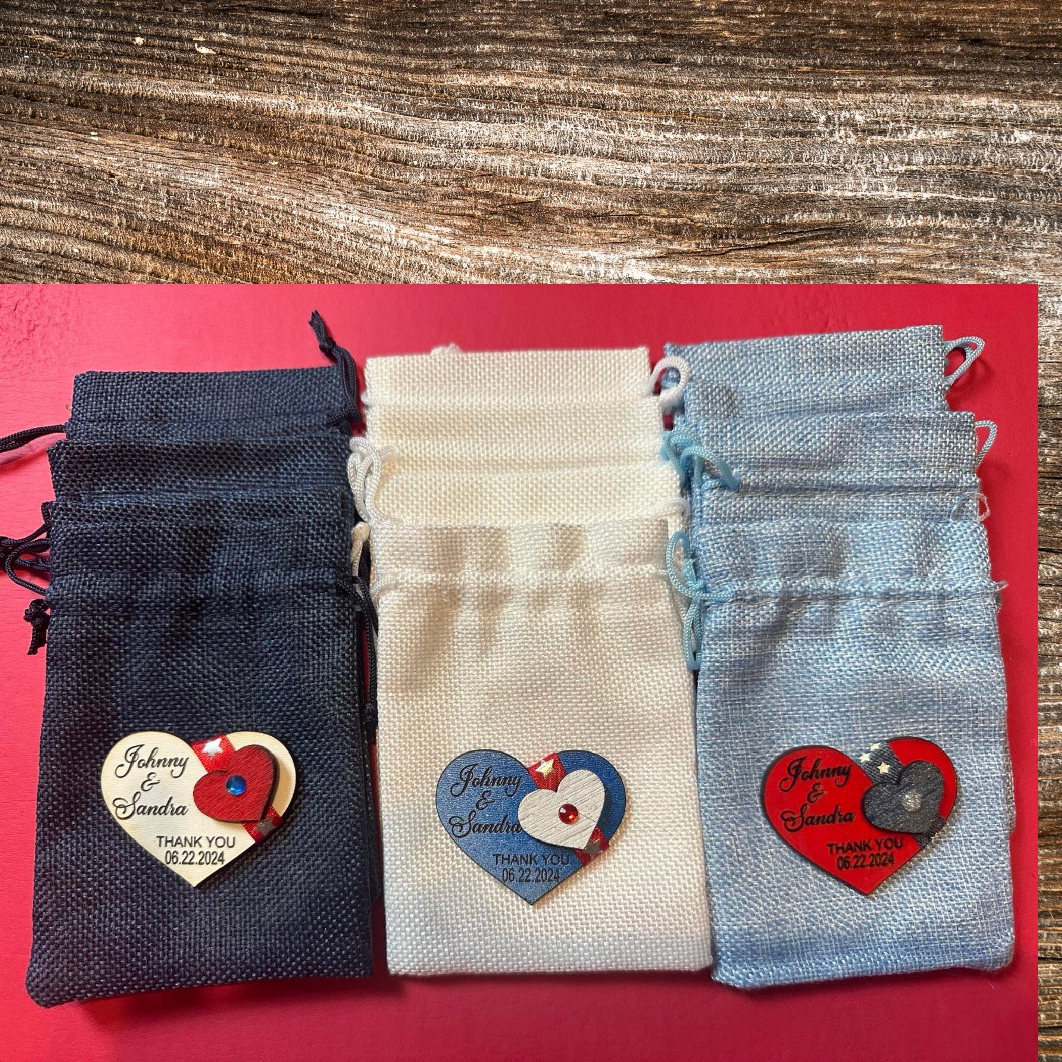 3 bag American Wedding Favors Sachets. Denim Red, White & Blue party keepsakes Burlap bags. Independence day 4th of July celebration sachets