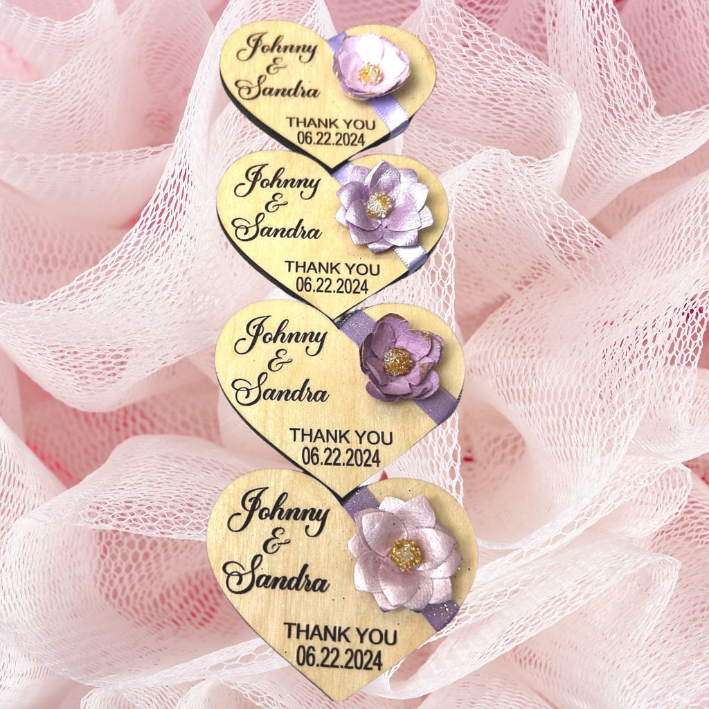 Set of 4 Personalized Hearts Wedding favors.  Bridal Shower lavender lilac purple shades favors. Wood engraved flower and ribbon favors